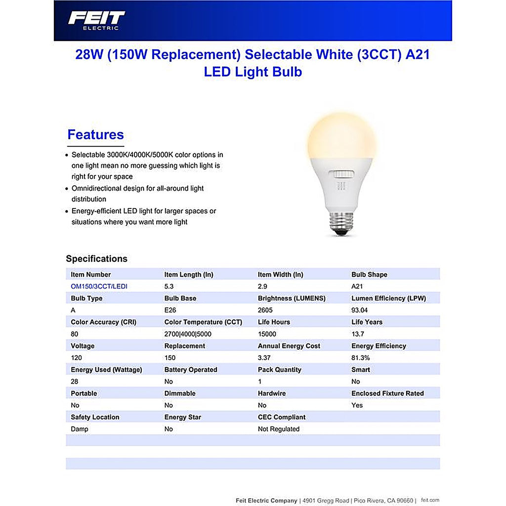 Feit - OM1503CCTCALEDI - A21 E26 (Medium) Smart-Enabled LED Bulb Adjustable White 150 Watt Equivalence 1 Pack
