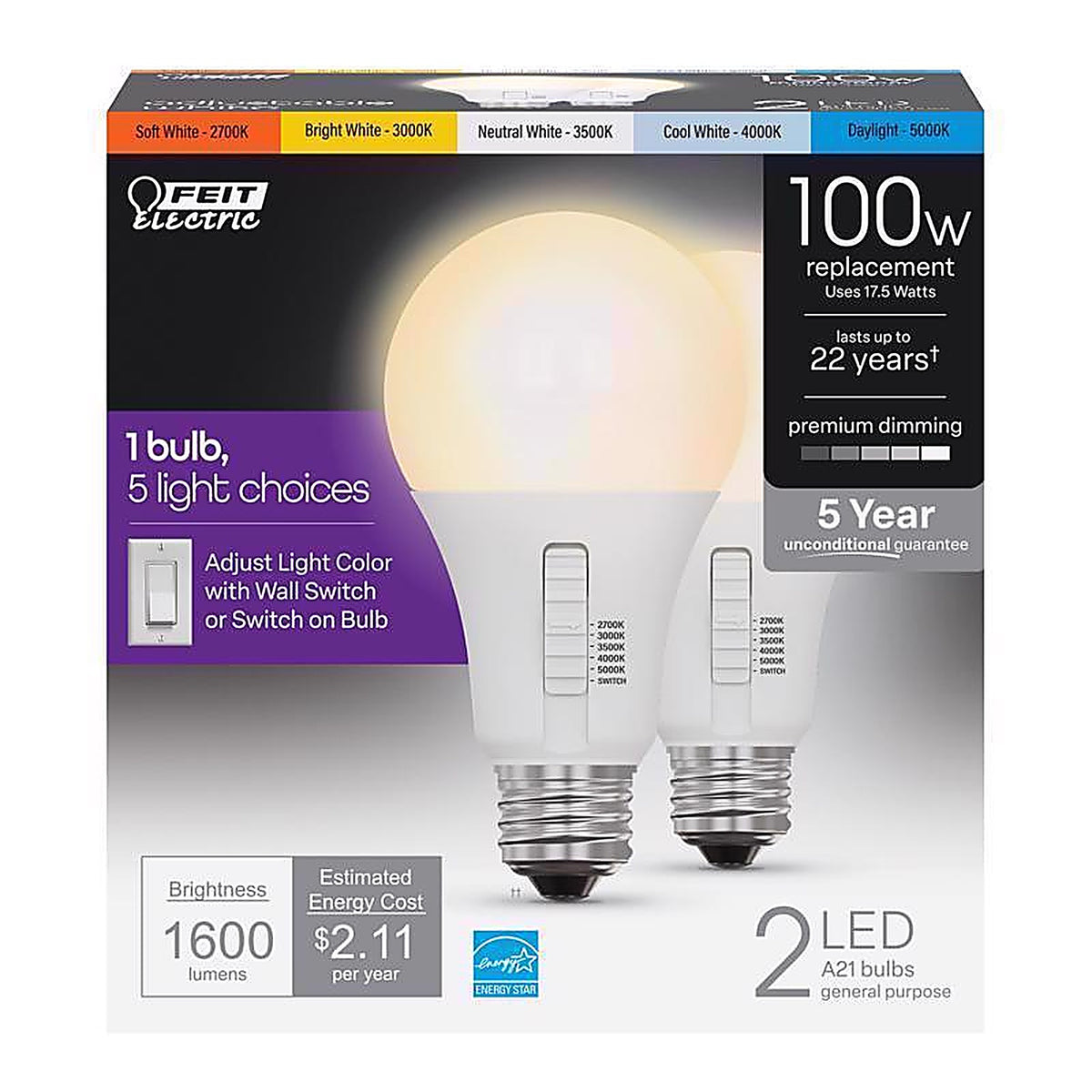 Feit - OM100DM/6WYCA/2 - A21 E26 (Medium) LED Bulb Adjustable White 100 Watt Equivalence 2 Pack