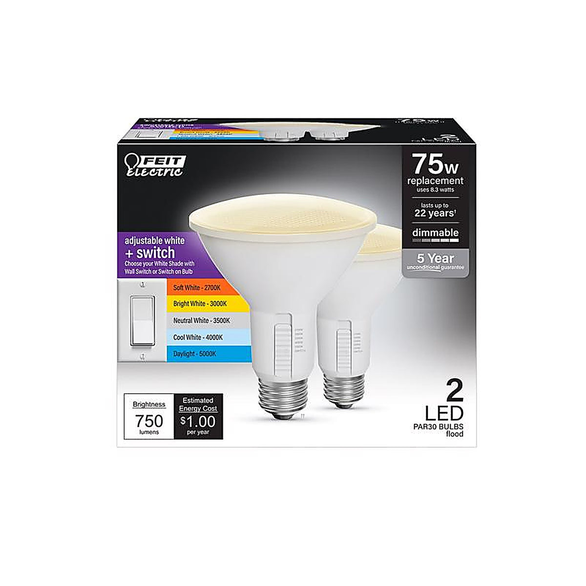 Feit - PAR30DM/6WYCA/2 - Enhance Par30 E26 (Medium) LED Bulb Adjustable White 75 Watt Equivalence 2 Pack