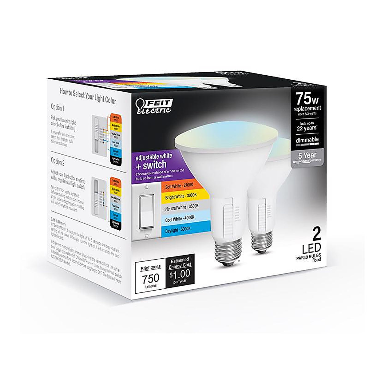 Feit - PAR30DM/6WYCA/2 - Enhance Par30 E26 (Medium) LED Bulb Adjustable White 75 Watt Equivalence 2 Pack