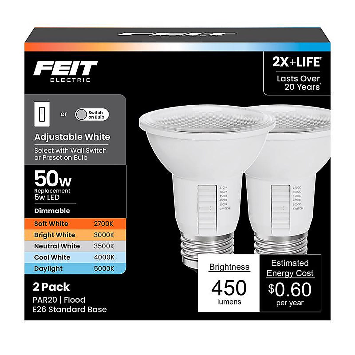 Feit - PAR20DM/6WYCA/2 - Par20 E26 (Medium) LED Floodlight Bulb Adjustable White 50 Watt Equivalence 2 Pack