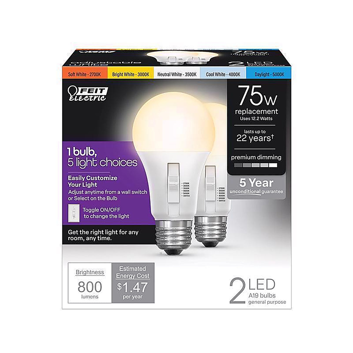 Feit - OM75DM/6WYCA/2 - A19 E26 (Medium) LED Bulb Adjustable White 75 Watt Equivalence 2 Pack