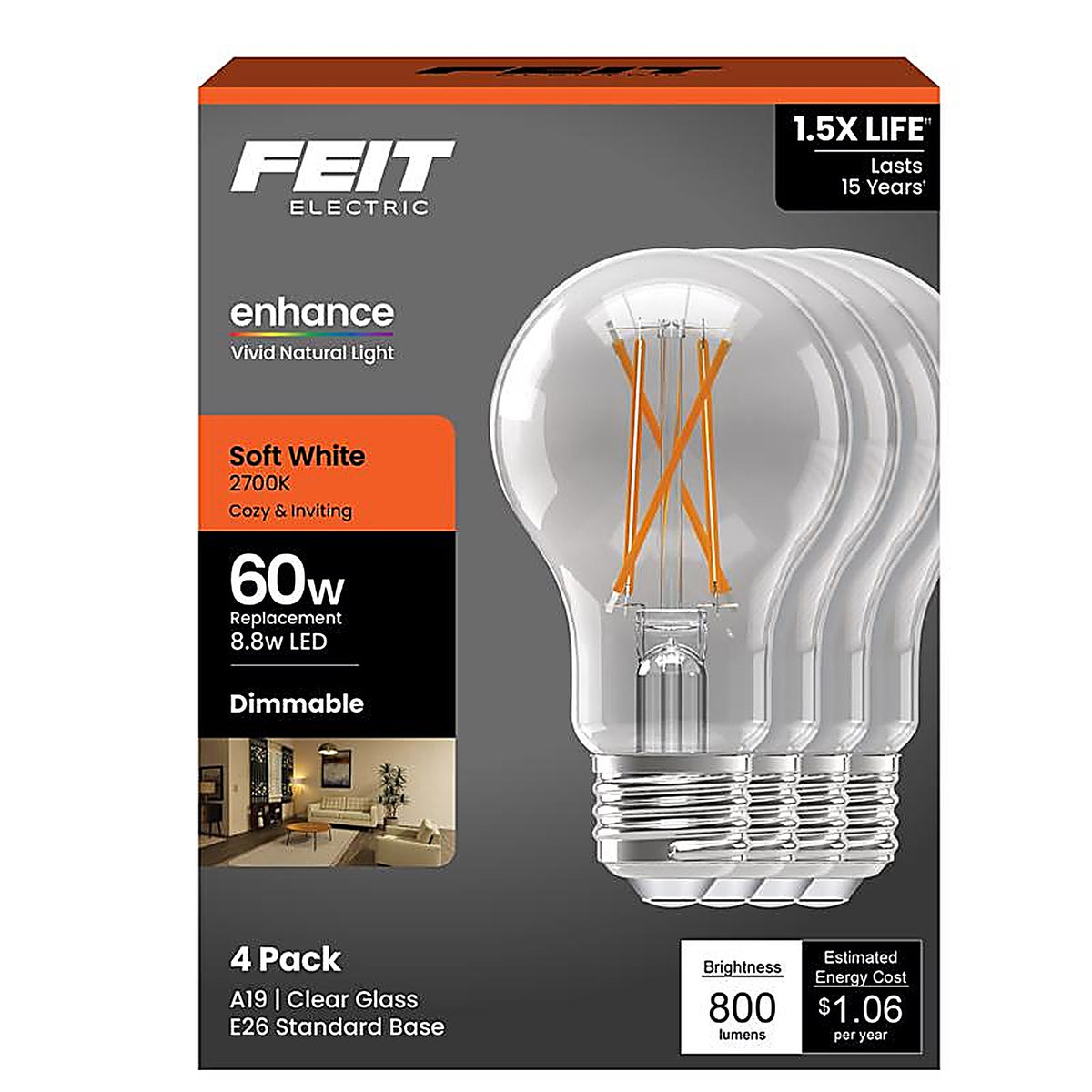 Feit - A1960CL927/FIL4 - Enhance A19 E26 (Medium) Filament LED Bulb Soft White 60 Watt Equivalence 4 Pack