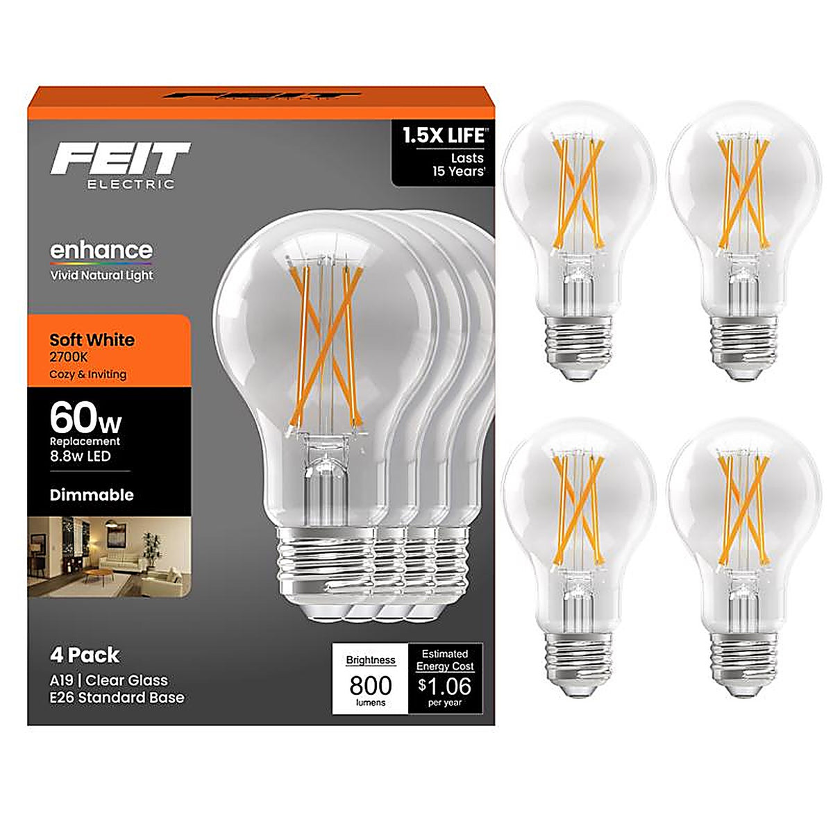 Feit - A1960CL927/FIL4 - Enhance A19 E26 (Medium) Filament LED Bulb Soft White 60 Watt Equivalence 4 Pack