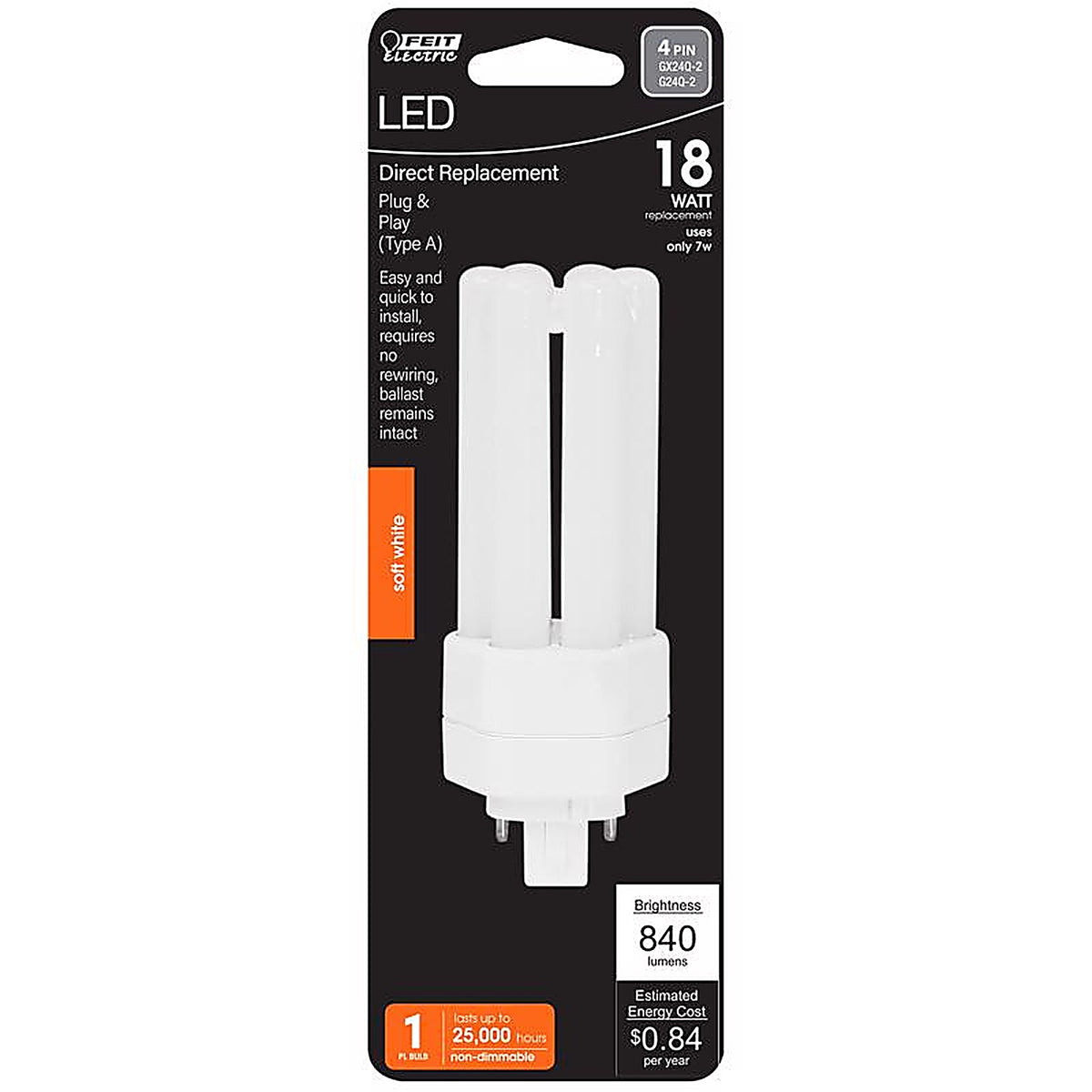 Feit Electric BPLT18E827LDG2H PL GX24Q-3 4-Pin LED Light Bulb Soft White 18 Watt Equivalence 1 pk
