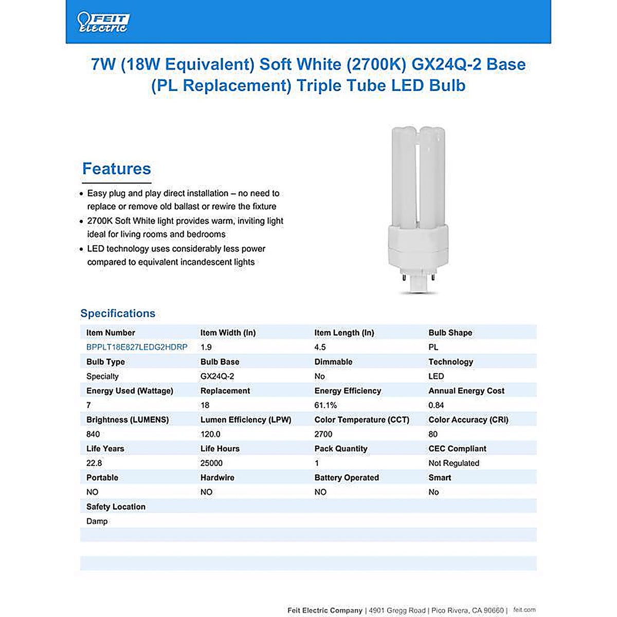 Feit Electric BPLT18E827LDG2H PL GX24Q-3 4-Pin LED Light Bulb Soft White 18 Watt Equivalence 1 pk