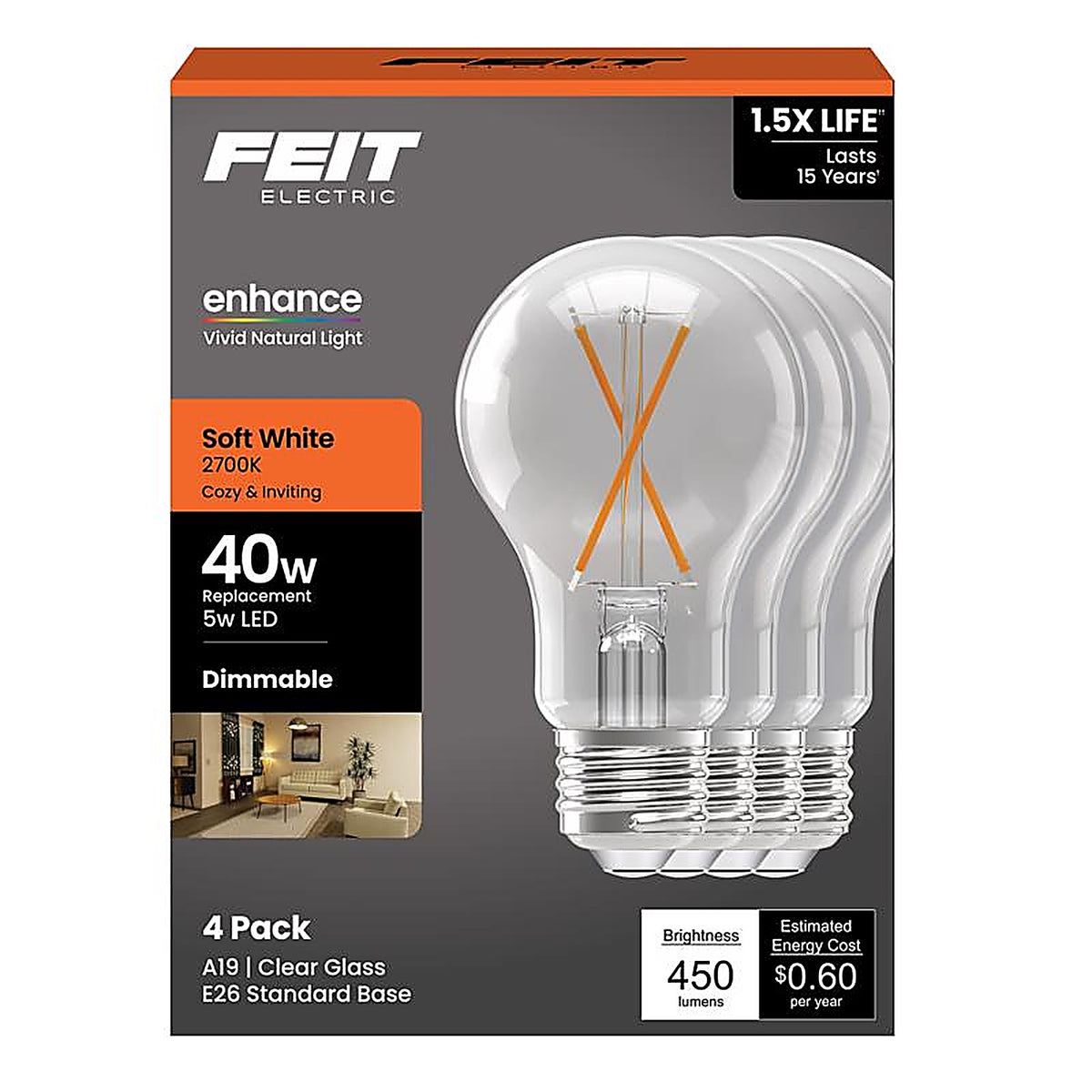Feit Electric A1940CL927CAFL4 A19 E26 (Medium) Filament LED Bulb Soft White 40 Watt Equivalence 4 pk