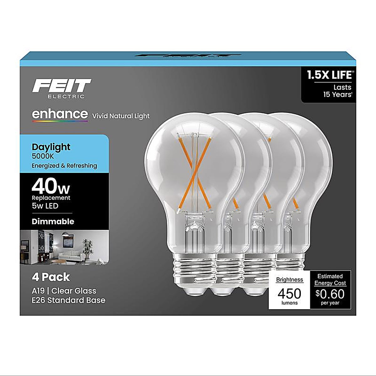 Feit Electric A1940CL950CAFL4 A19 E26 (Medium) Filament LED Bulb Daylight 40 Watt Equivalence 4 pk