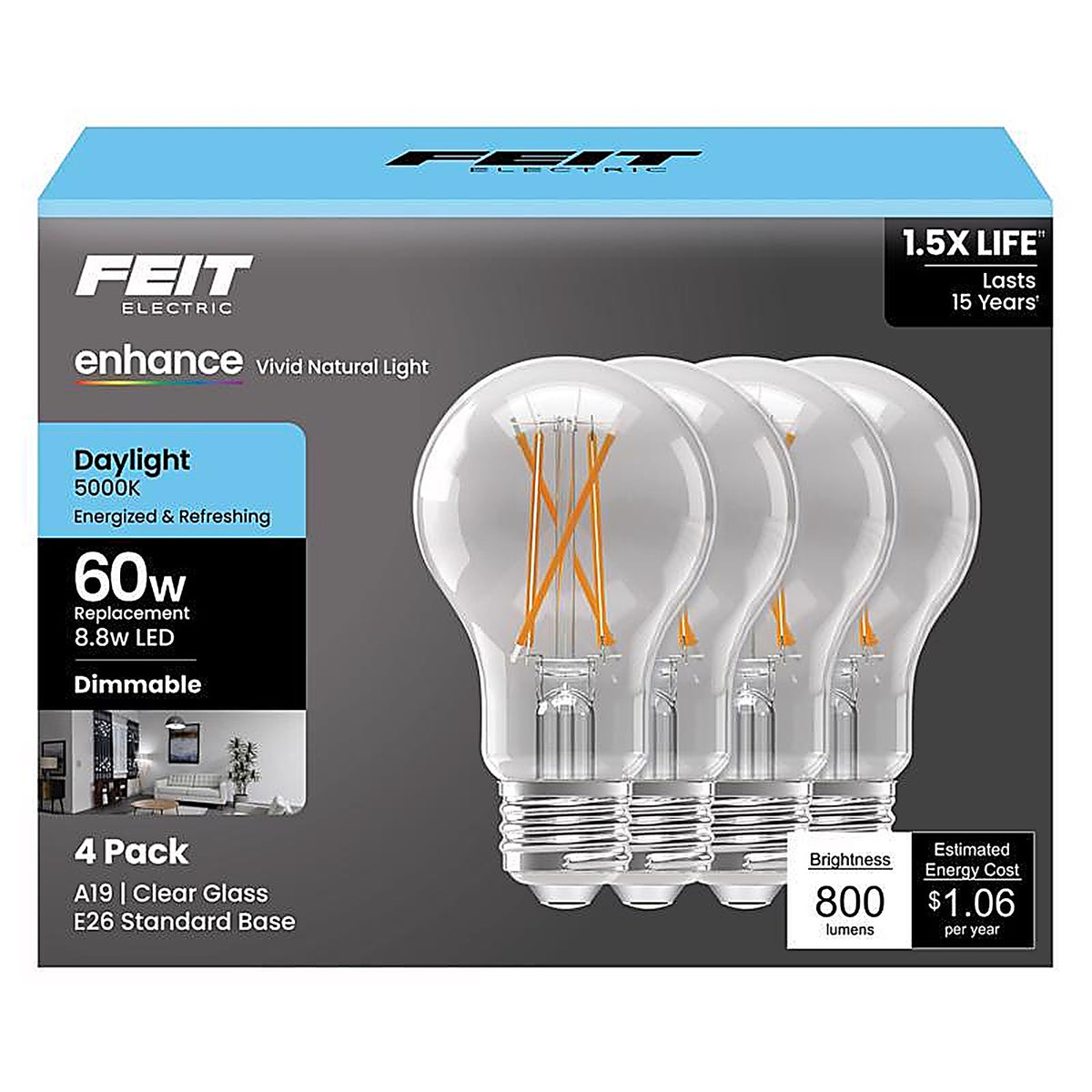 Feit Electric A1960CL950CAFL4 A19 E26 (Medium) Filament LED Bulb Daylight 60 Watt Equivalence 4 pk