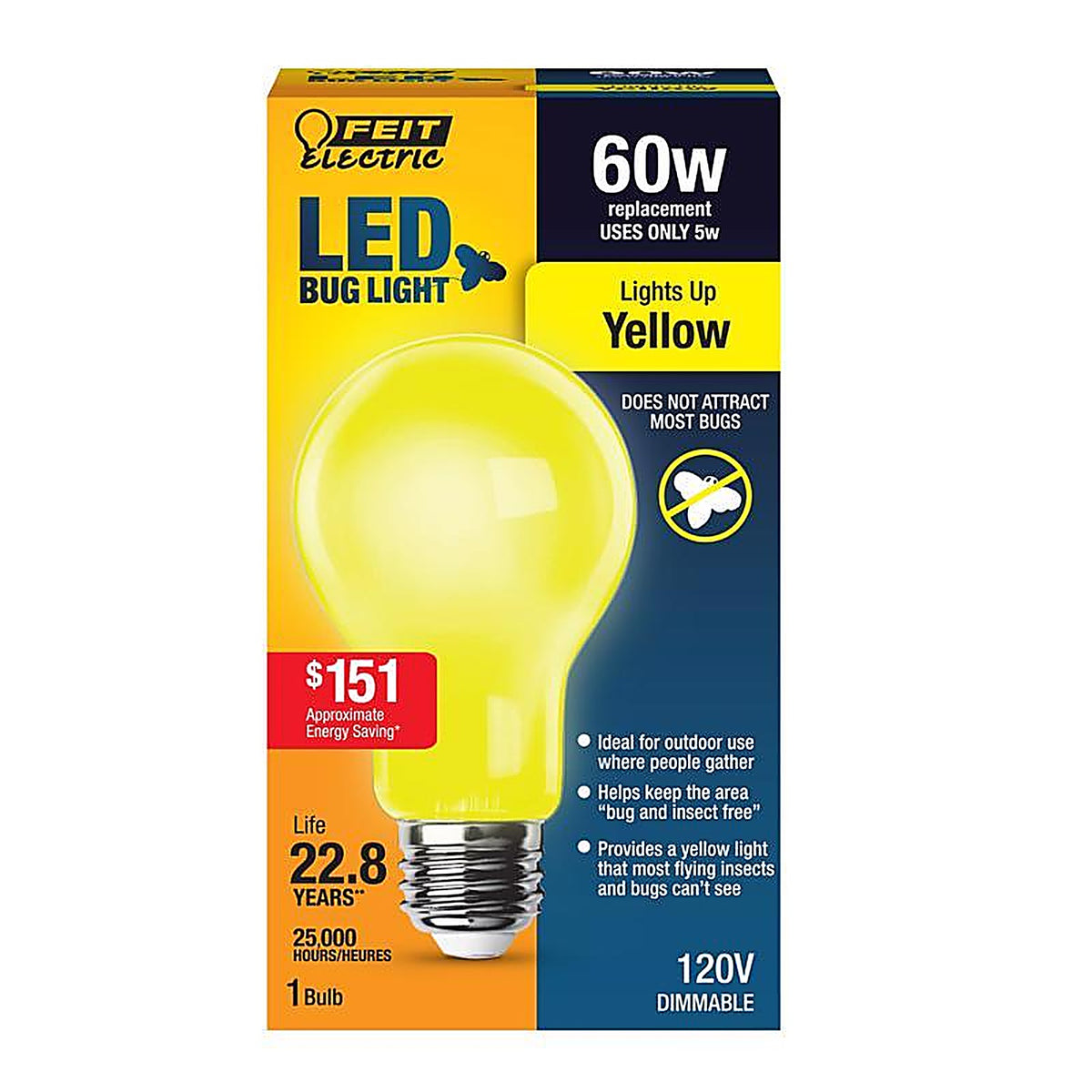 Feit - A19/BUG/LED/BX - A19 E26 (Medium) LED Bug Light Yellow 60 Watt Equivalence 1 Pack