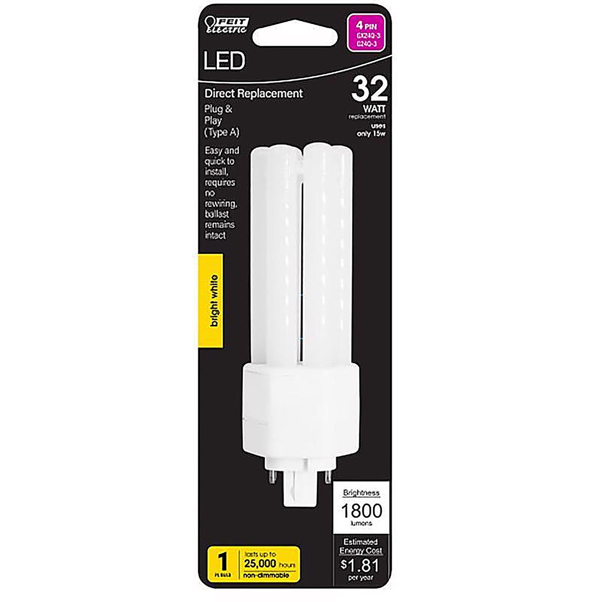 Feit Electric BPPLT32E835LED PL GX24Q-3 4-Pin LED Light Bulb Bright White 32 Watt Equivalence 1 pk