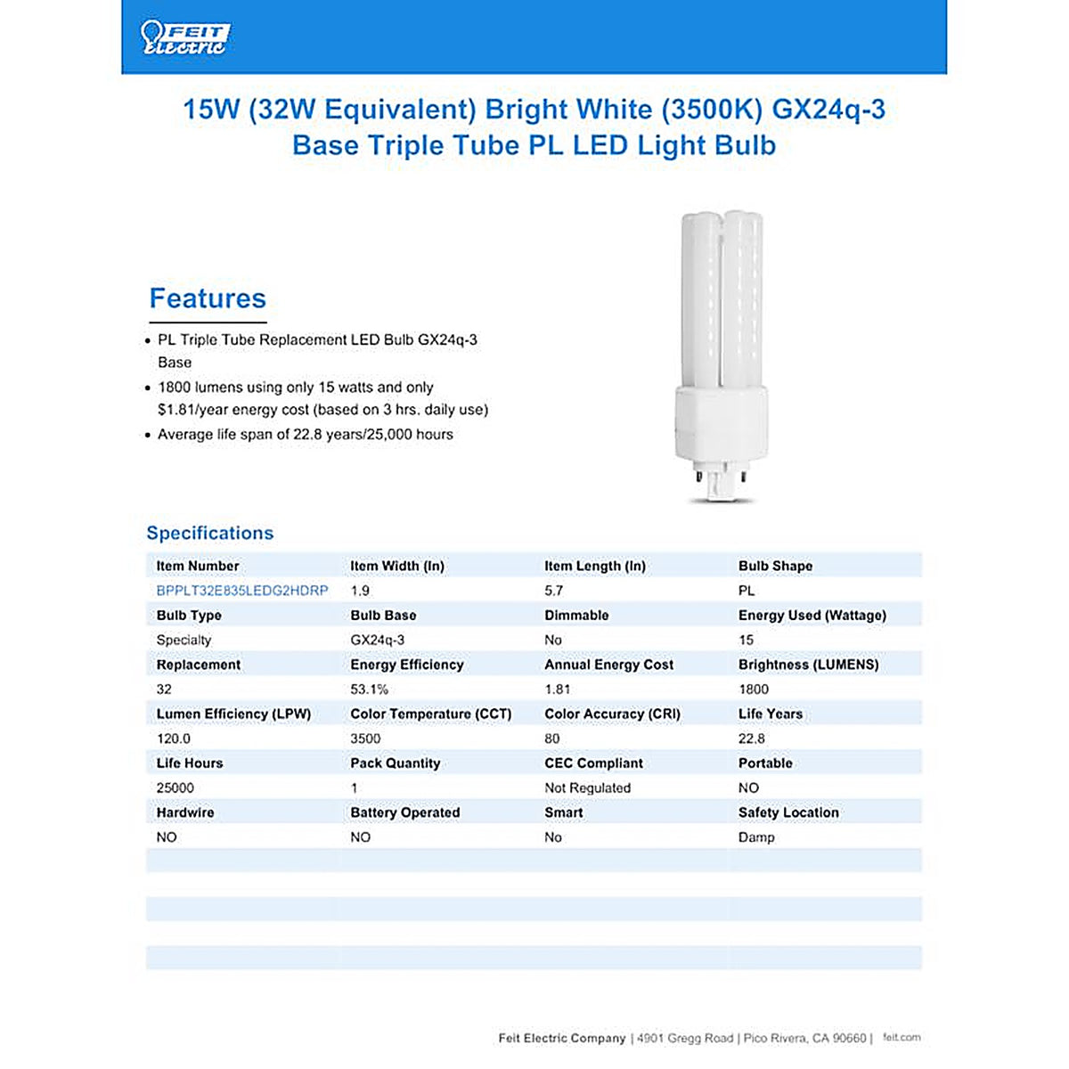 Feit Electric BPPLT32E835LED PL GX24Q-3 4-Pin LED Light Bulb Bright White 32 Watt Equivalence 1 pk