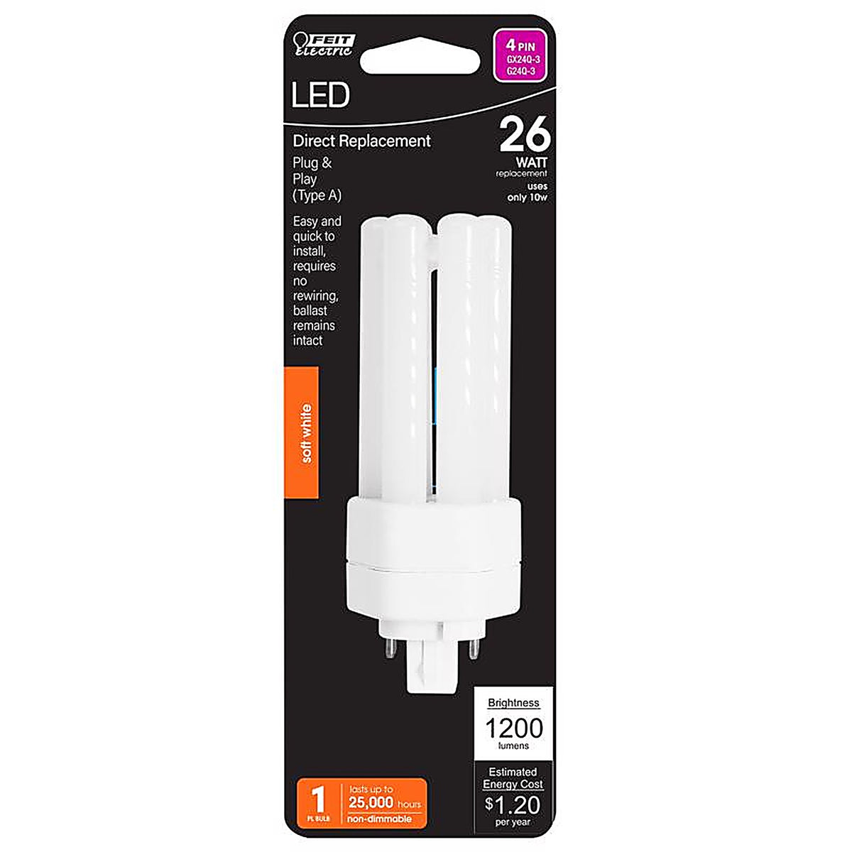 Feit Electric BPPLT26E827LED PL GX24Q-3 4-Pin LED Light Bulb Soft White 26 Watt Equivalence 1 pk