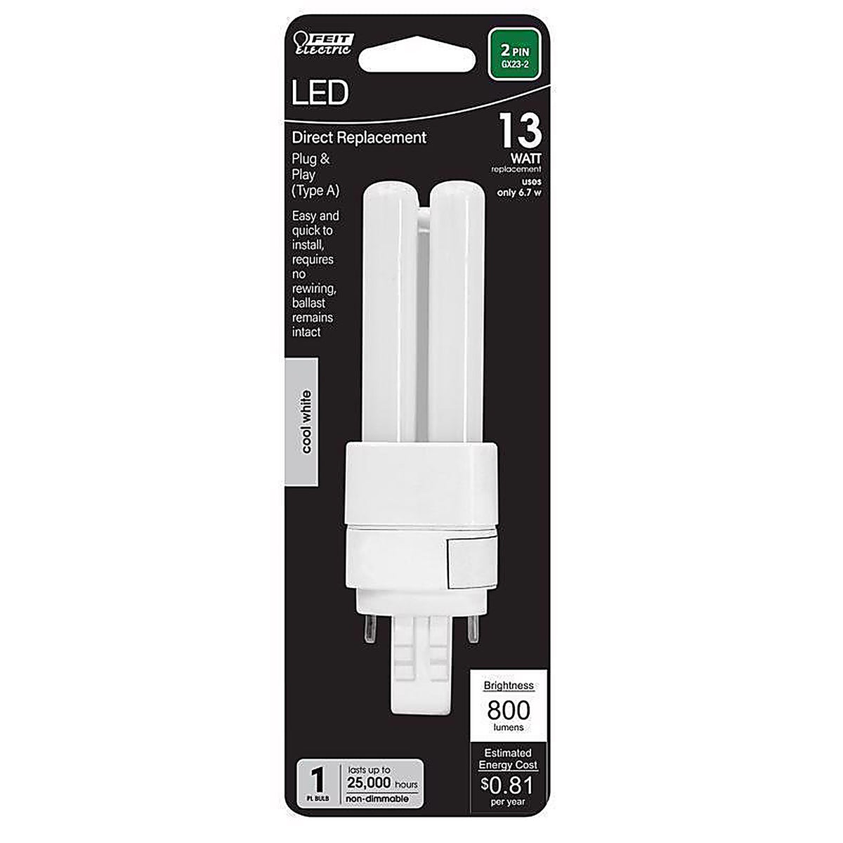 Feit Electric BPPLD13841LED PL G24Q-1 4 Pin LED Light Bulb Cool White 13 Watt Equivalence 1 pk