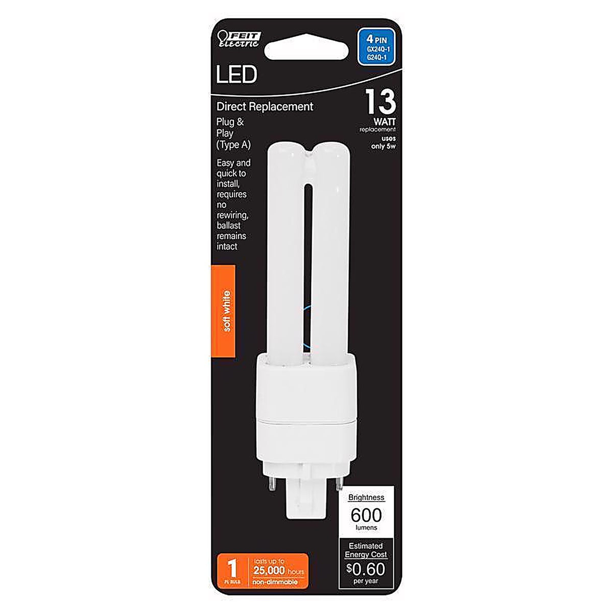 Feit Electric BPPLD13E827LED PL GX24Q-1 4 Pin LED Tube Light Soft White 13 Watt Equivalence 1 pk