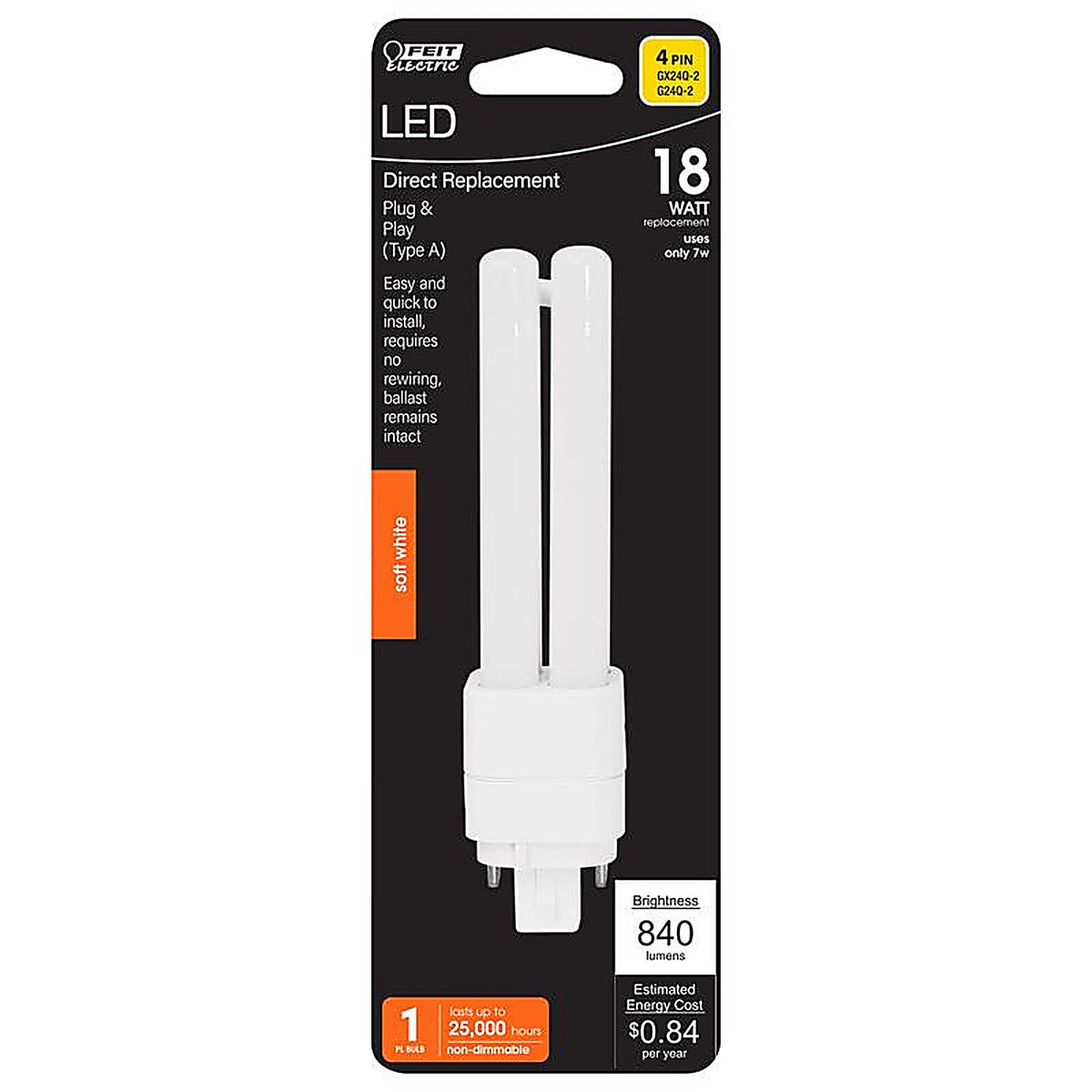 Feit Electric BPPLD18E827LED PL GX24Q-1 4 Pin LED Light Bulb Soft White 18 Watt Equivalence 1 pk