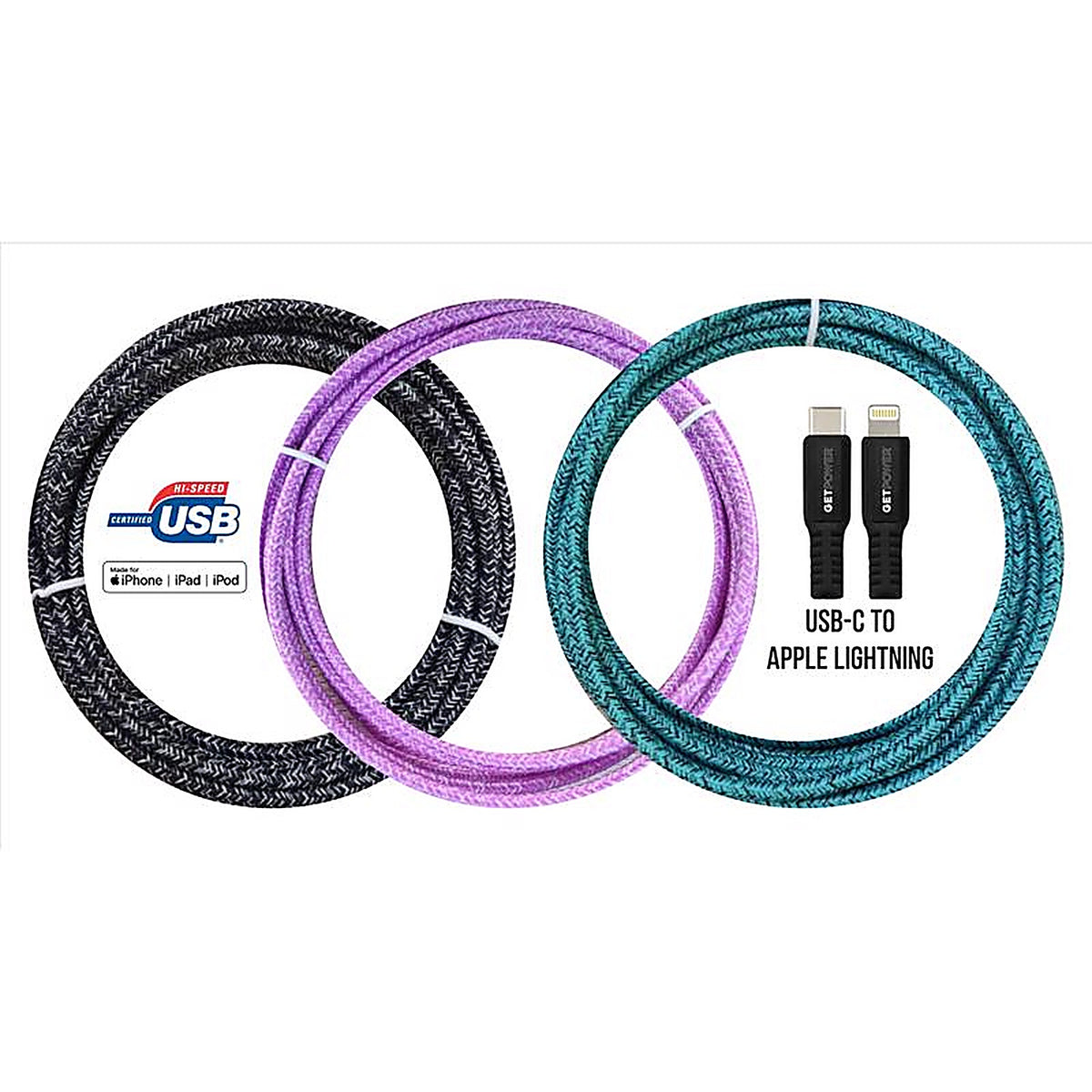 Getpower - GP-XL-BRDC-L - Assorted Braided Lightning to USB-C for Apple Ipod, Iphone, Ipad 10 Ft. L