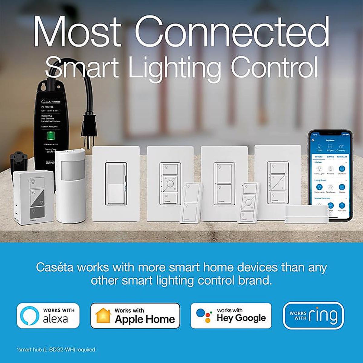 Lutron - DVRF-5NS-WH-R - Caseta 5 Amps Single Pole Smart Smart-Enabled Rocker Switch White 1 Pack