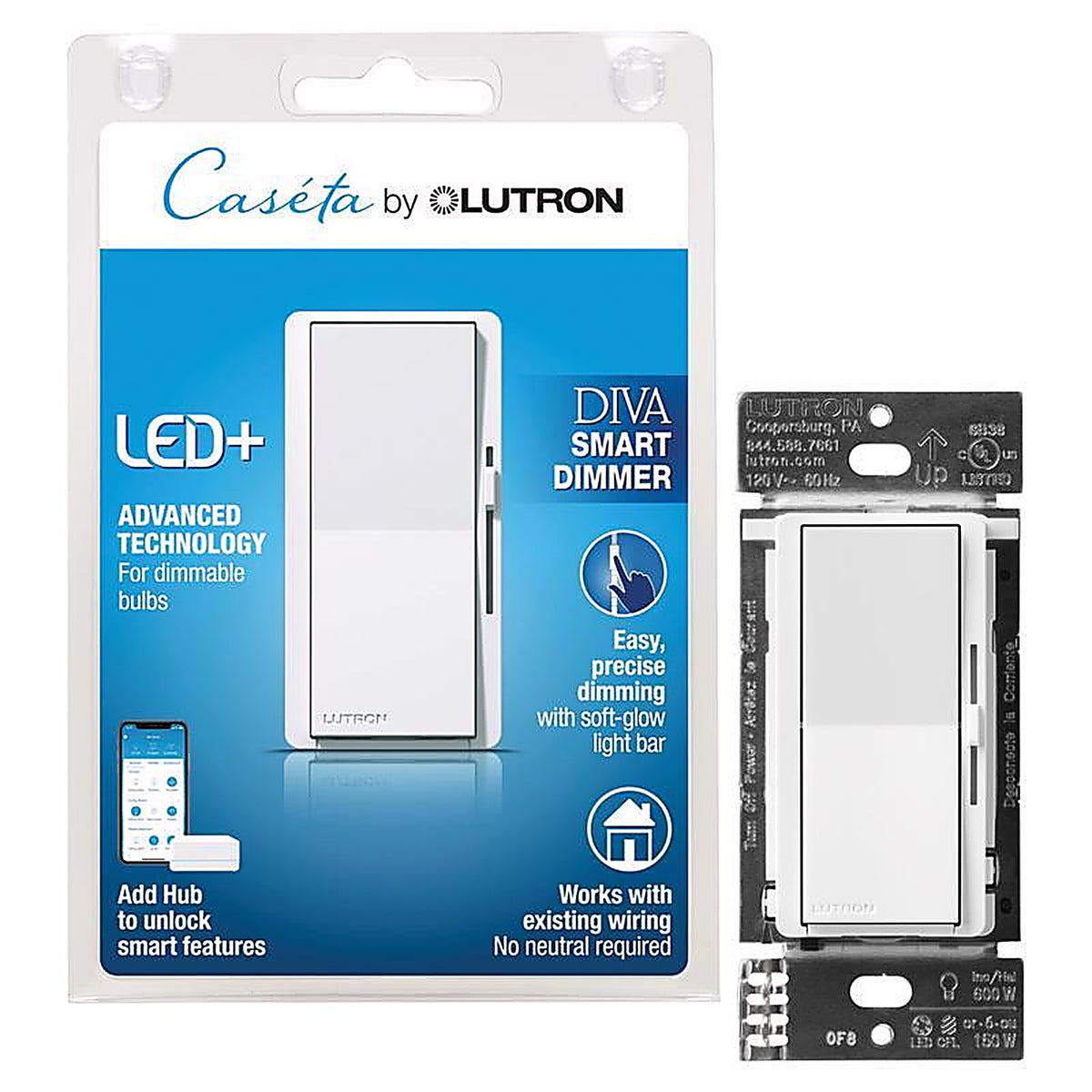 Lutron - DVRF-6L-WH-R - Caseta White 150 W Toggle Smart-Enabled Dimmer Switch 1 Pack