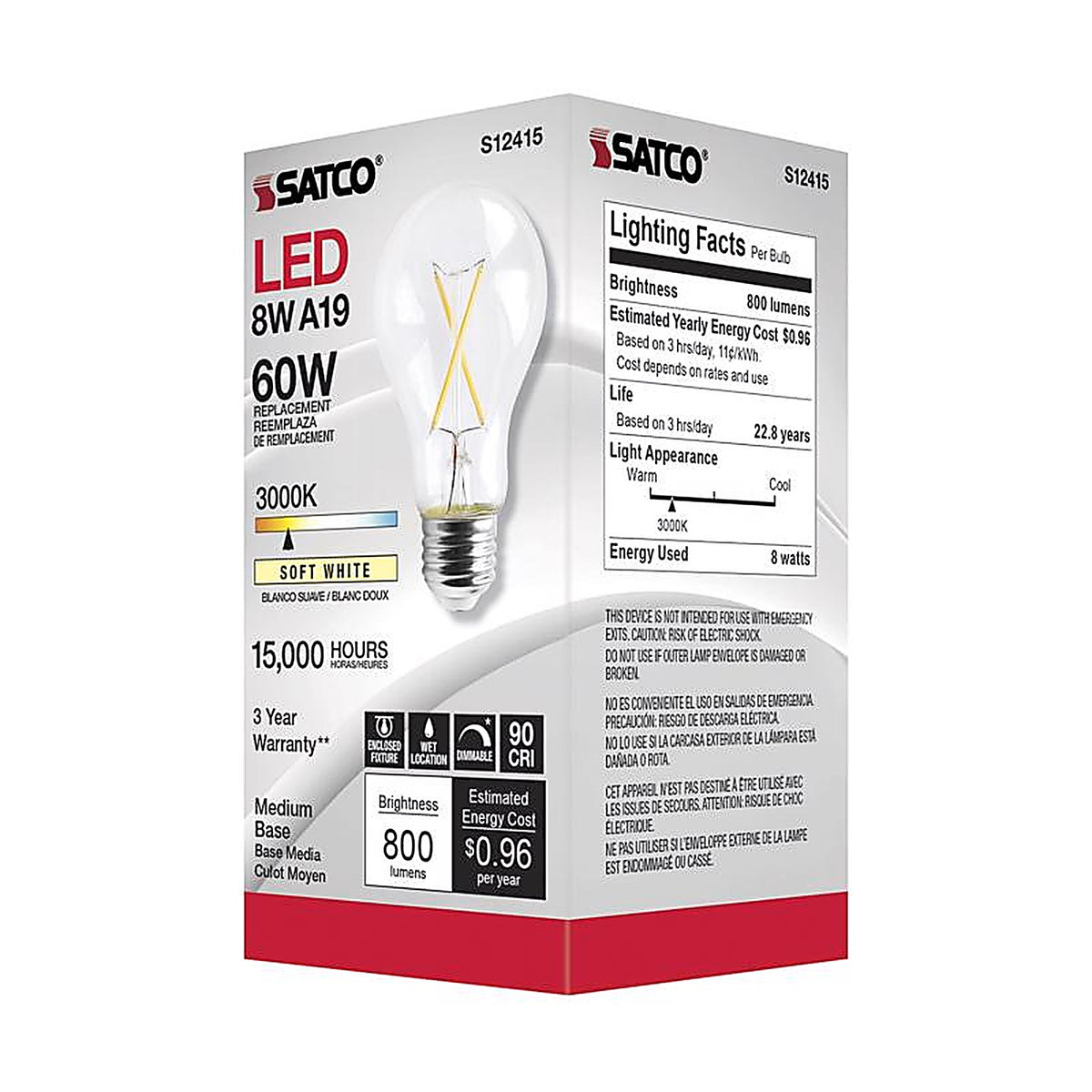 Satco - S12415 - A19 E26 (Medium) Filament LED Bulb Soft White 60 Watt Equivalence 1 Pack