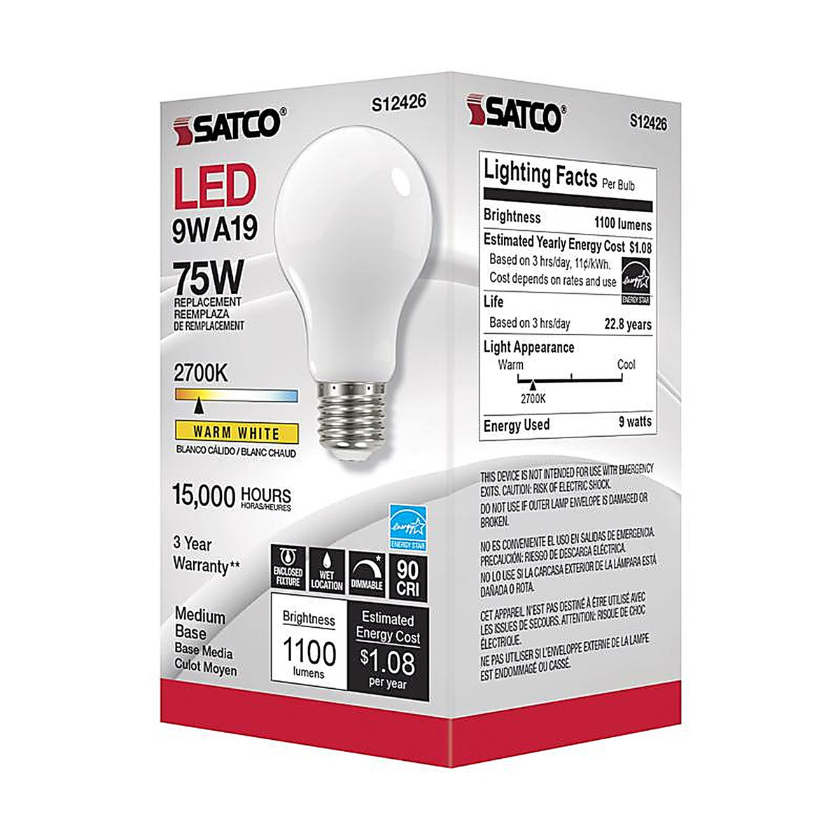 Satco - S12426 - A19 E26 (Medium) LED Bulb Soft White 75 Watt Equivalence 1 Pack