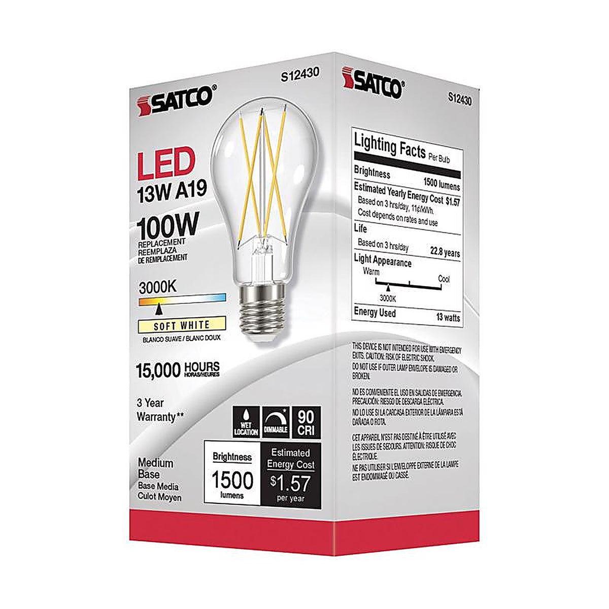 Satco - S12430 - A19 E26 (Medium) Filament LED Bulb Soft White 100 Watt Equivalence 1 Pack