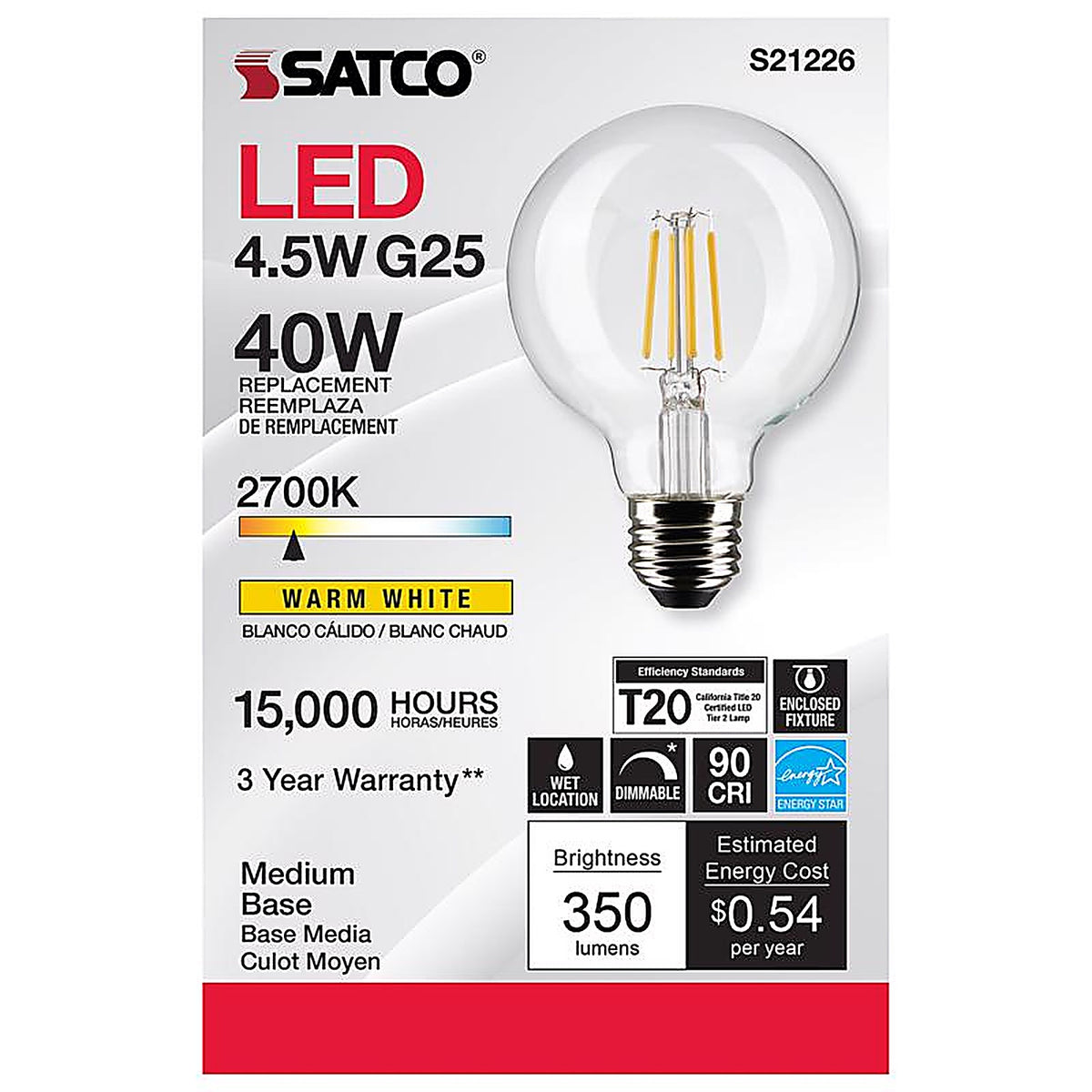 Satco - S21226 - G25 E26 (Medium) Filament LED Bulb Warm White 40 Watt Equivalence 1 Pack