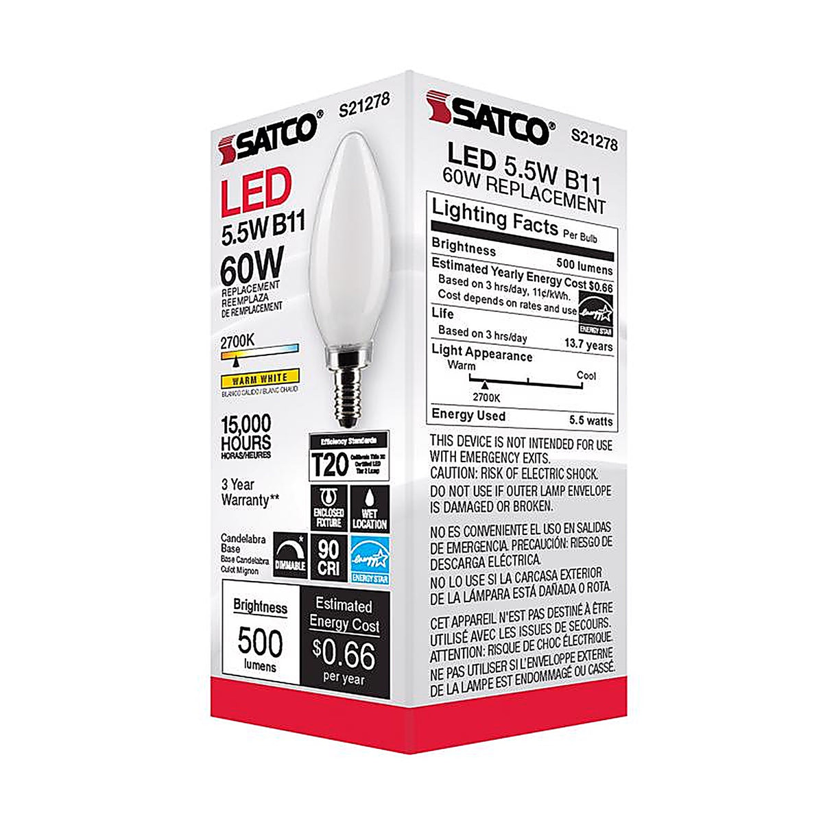 Satco - S21278 - B11 E12 (Candelabra) Filament LED Bulb Warm White 60 Watt Equivalence 1 Pack