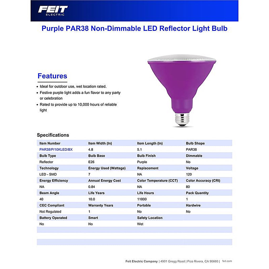 Feit - PAR38/P10KLEDBX - Par38 E26 (Medium) LED Bulb Purple 90 Watt Equivalence 1 Pack