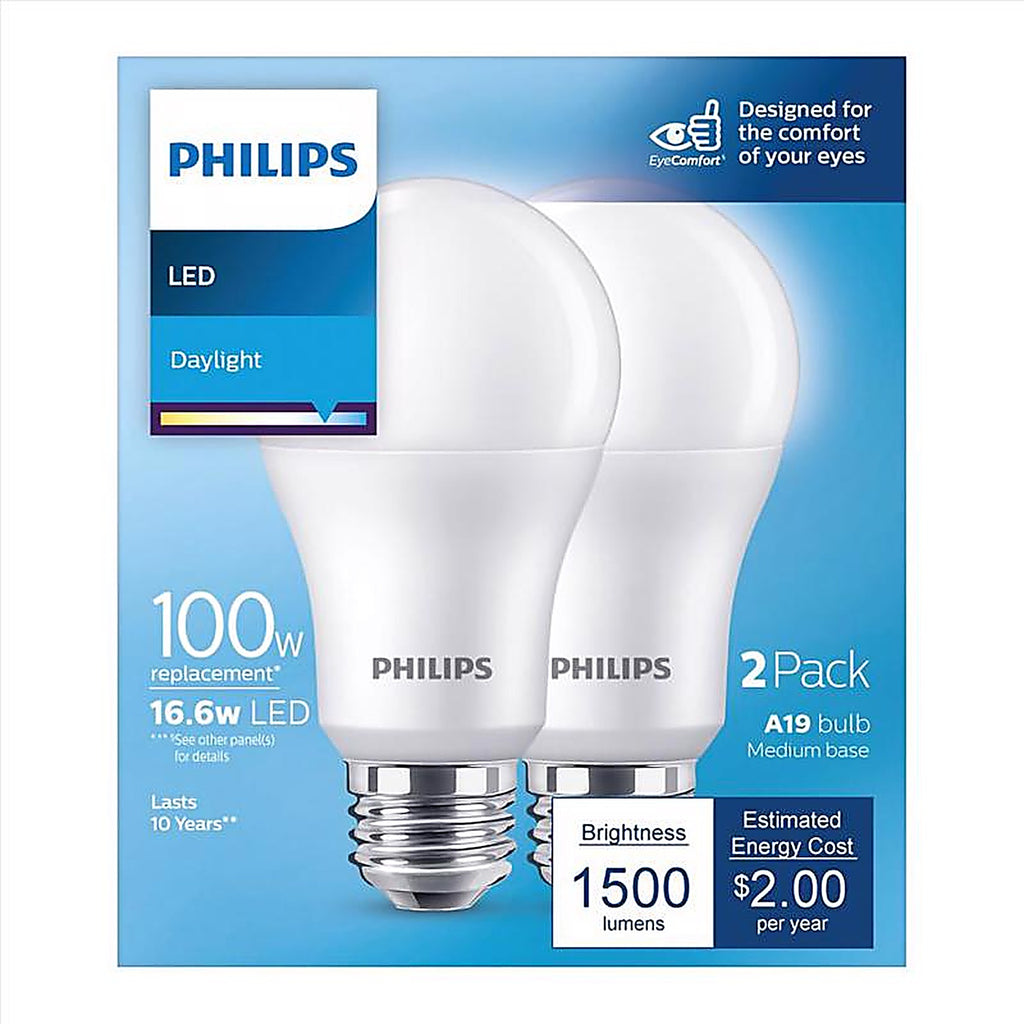 Philips - 575878 - A19 E26 (Medium) LED Bulb Daylight 100 Watt Equivalence 2 Pack