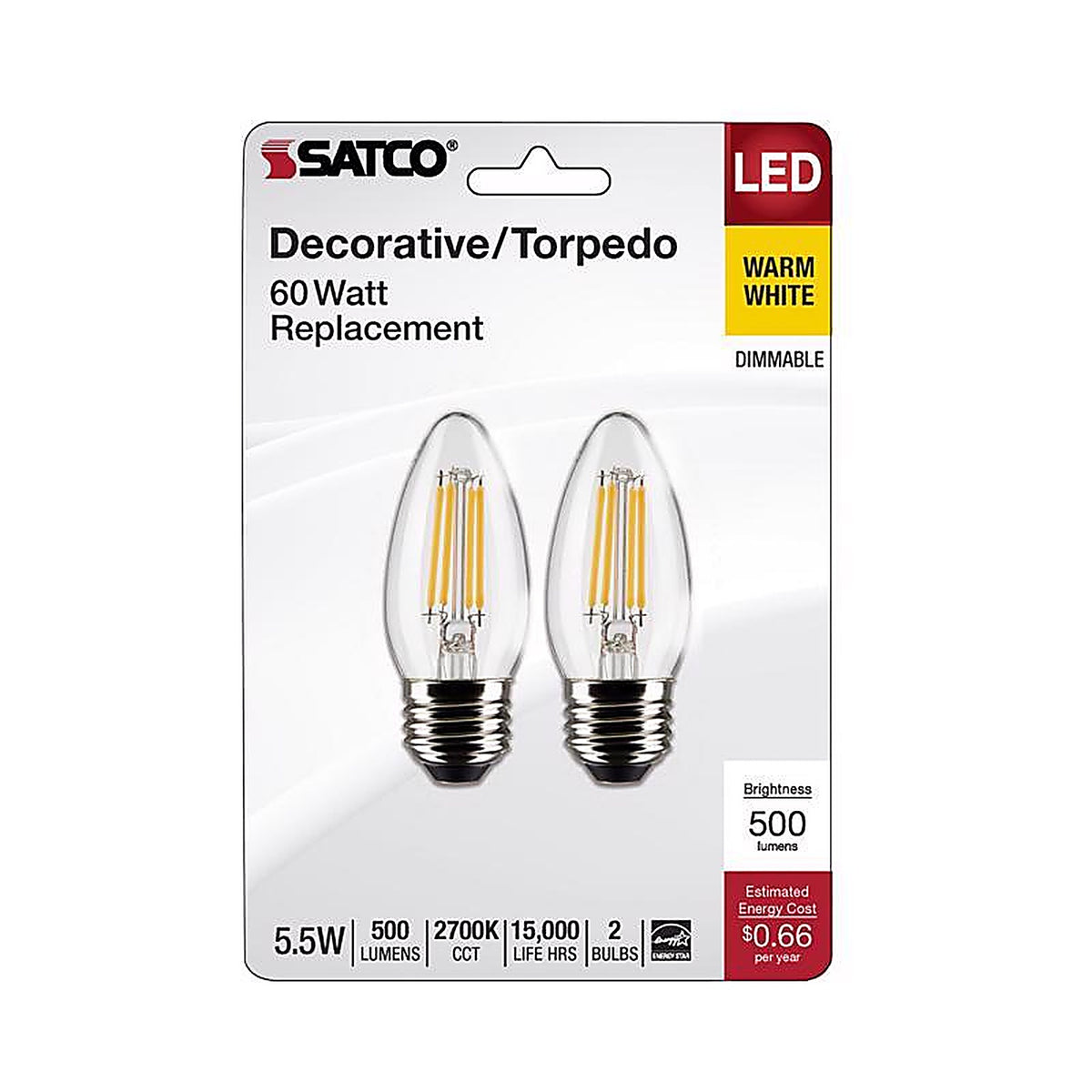 Satco - S21837 - B11 E26 (Medium) Filament LED Bulb Warm White 60 Watt Equivalence 2 Pack