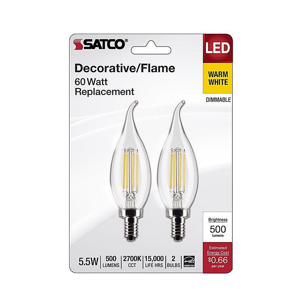 Satco - S21846 - Ca10 (Flame Tip) E12 (Candelabra) Filament LED Bulb Warm White 60 Watt Equivalence 2 Pack