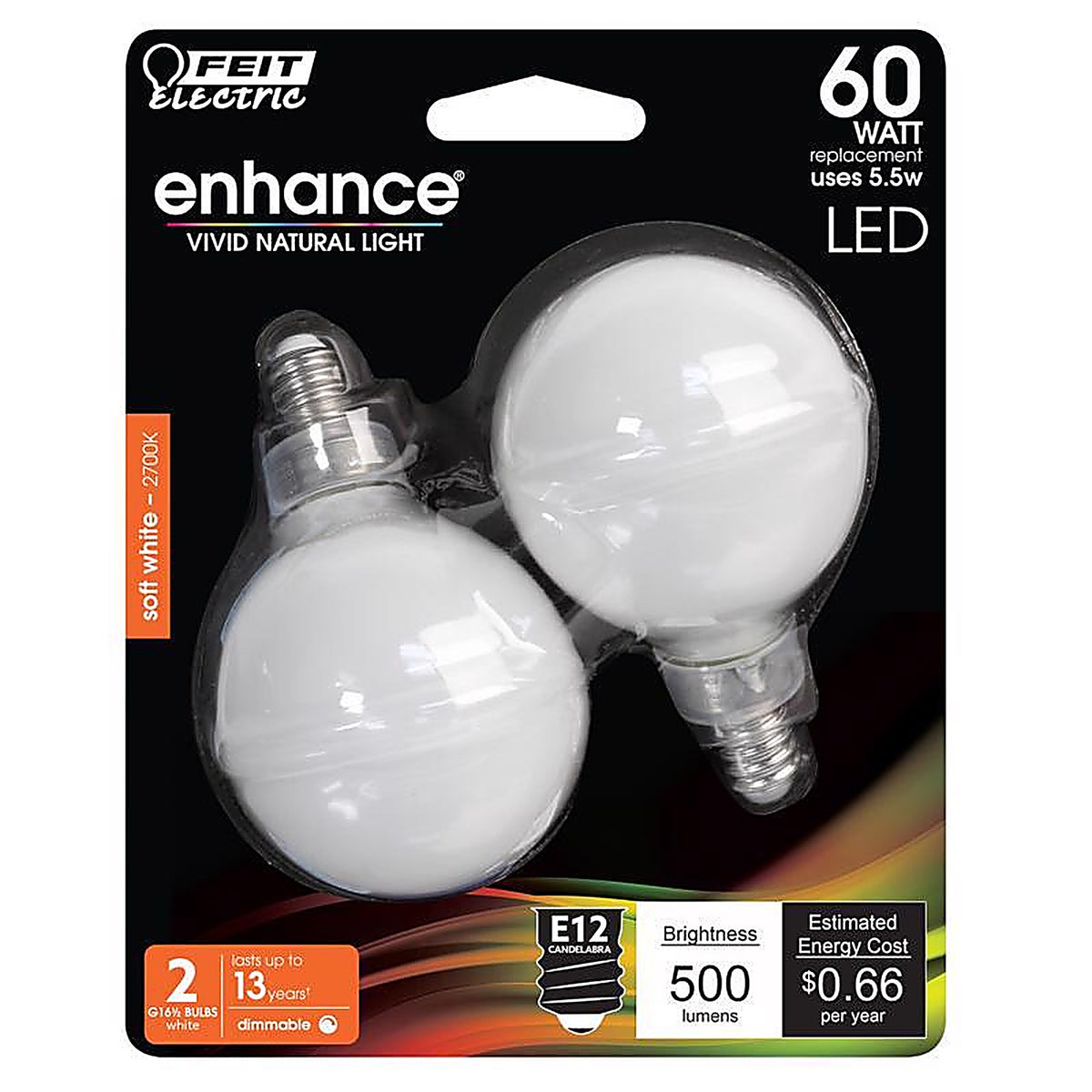 Feit - BPG1660W927CAF2 - G16.5 E12 (Candelabra) LED Bulb Soft White 60 Watt Equivalence 2 Pack
