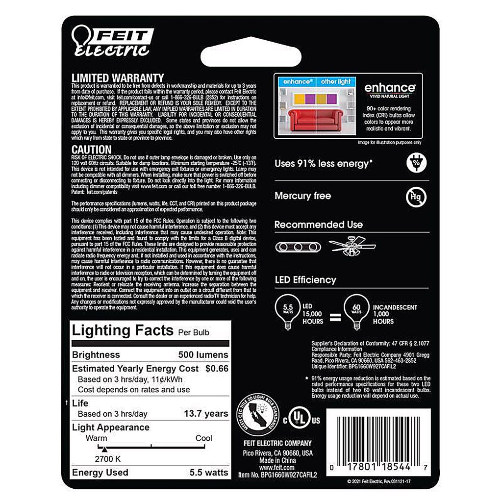 Feit - BPG1660W927CAF2 - G16.5 E12 (Candelabra) LED Bulb Soft White 60 Watt Equivalence 2 Pack