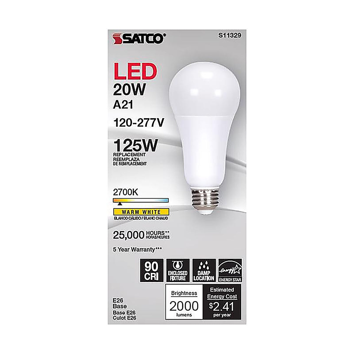 Satco - S11329 - A21 E26 (Medium) Filament LED Bulb Warm White 125 Watt Equivalence 1 Pack