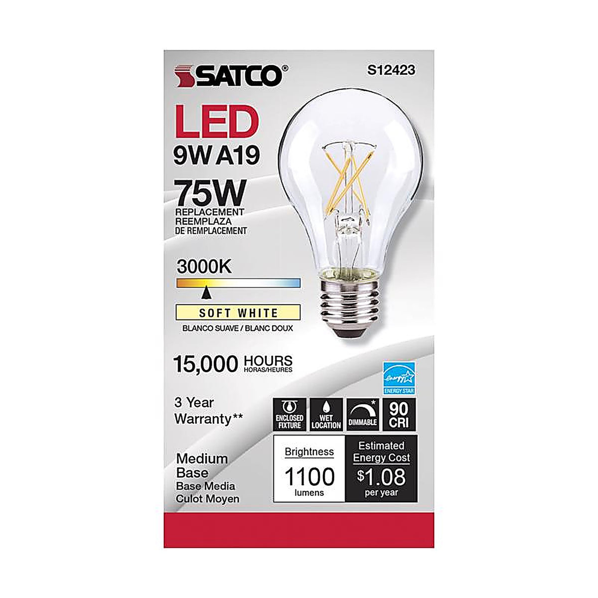 Satco - S12423 - A19 E26 (Medium) Filament LED Bulb Soft White 75 Watt Equivalence 1 Pack