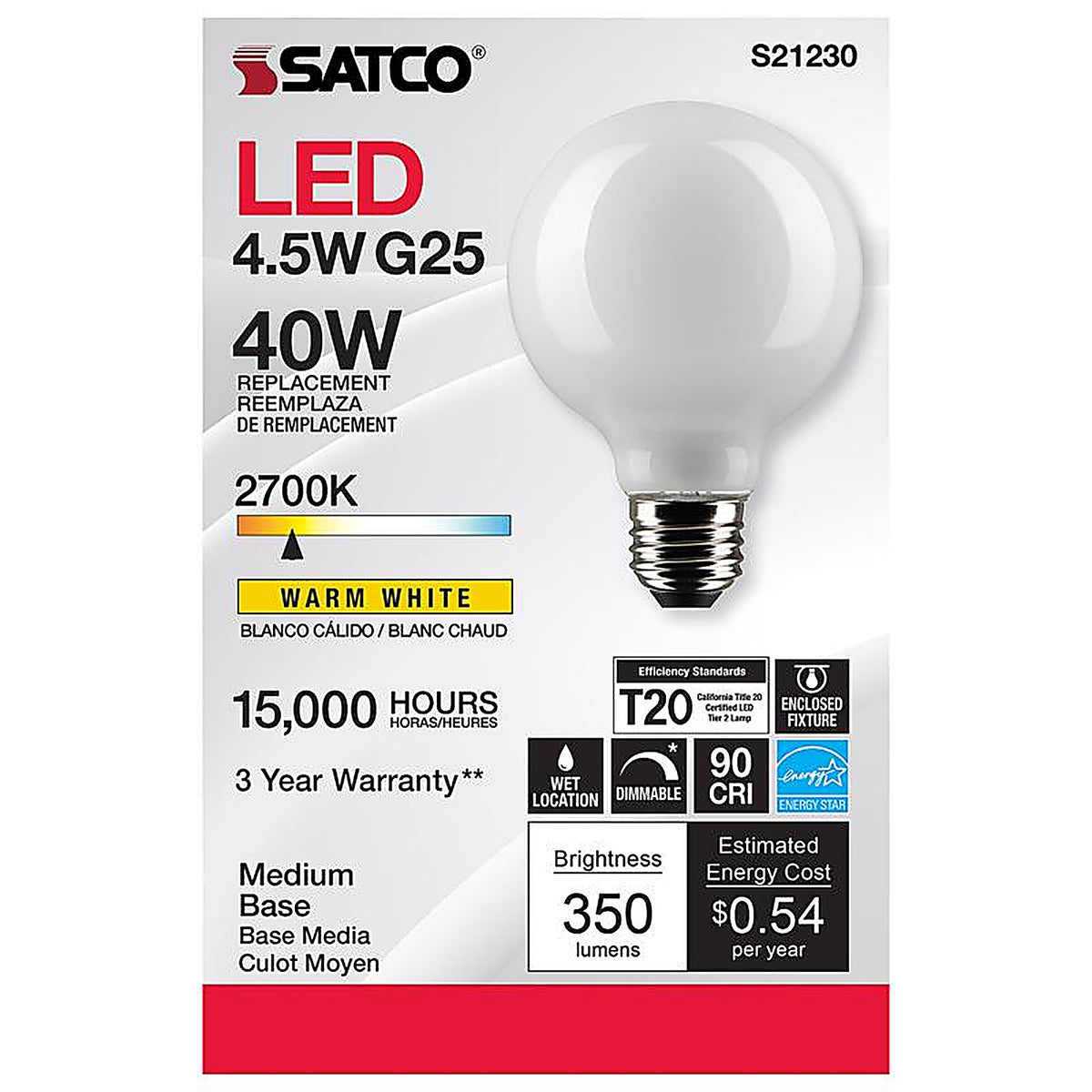 Satco - S21230 - G25 E26 (Medium) Filament LED Bulb Warm White 40 Watt Equivalence 1 Pack