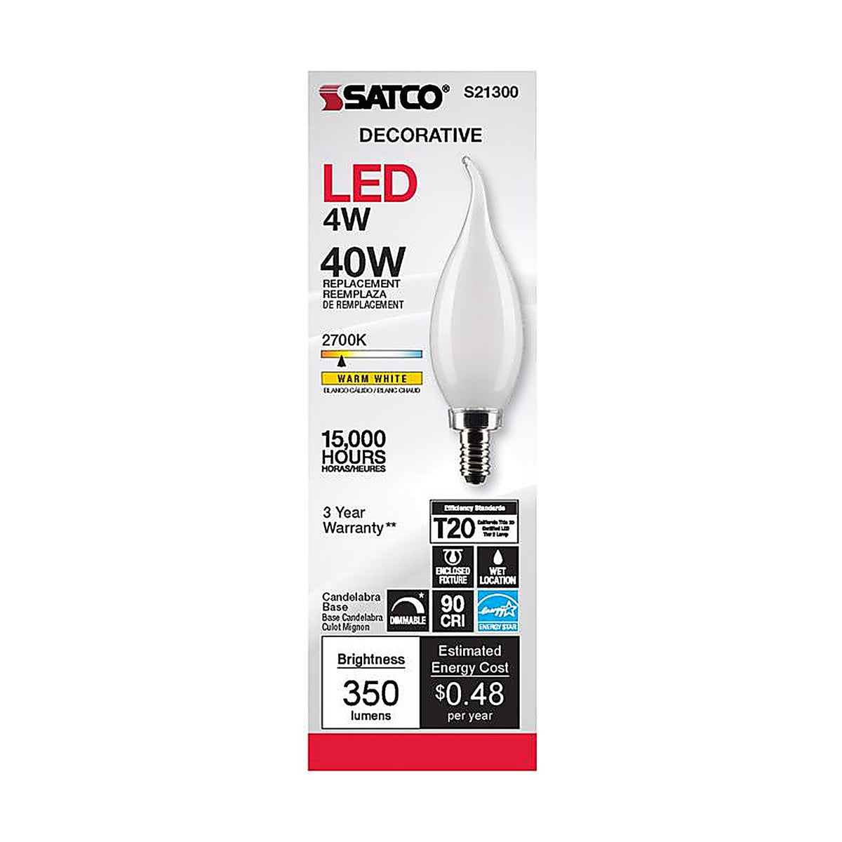 Satco - S21300 - Ca10 (Flame Tip) E12 (Candelabra) Filament LED Bulb Warm White 40 Watt Equivalence 1 Pack