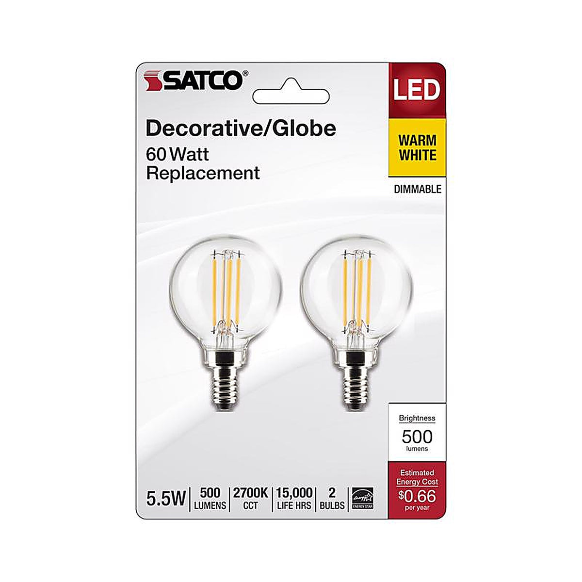 Satco - S21813 - G16.5 E12 (Candelabra) Filament LED Bulb Warm White 60 Watt Equivalence 2 Pack