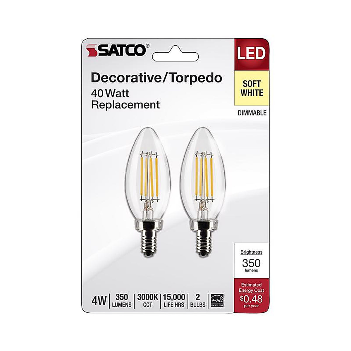 Satco - S21820 - B11 E12 (Candelabra) Filament LED Bulb Soft White 40 Watt Equivalence 2 Pack