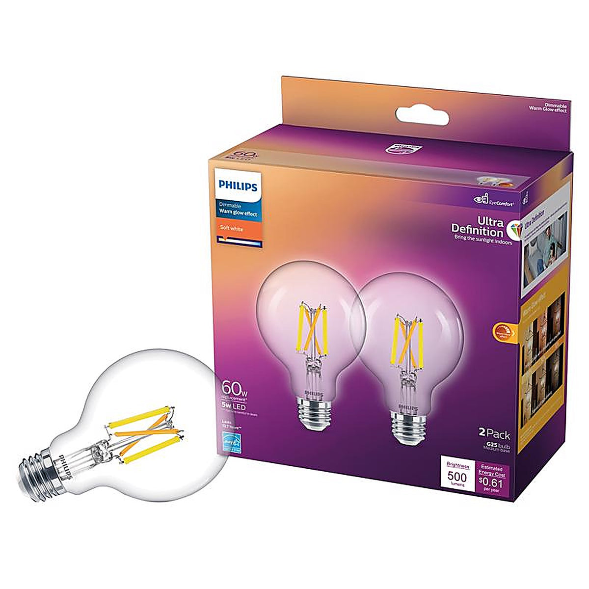 Philips - 564906 - G25 E26 (Medium) LED Bulb Soft White 60 Watt Equivalence 2 Pack