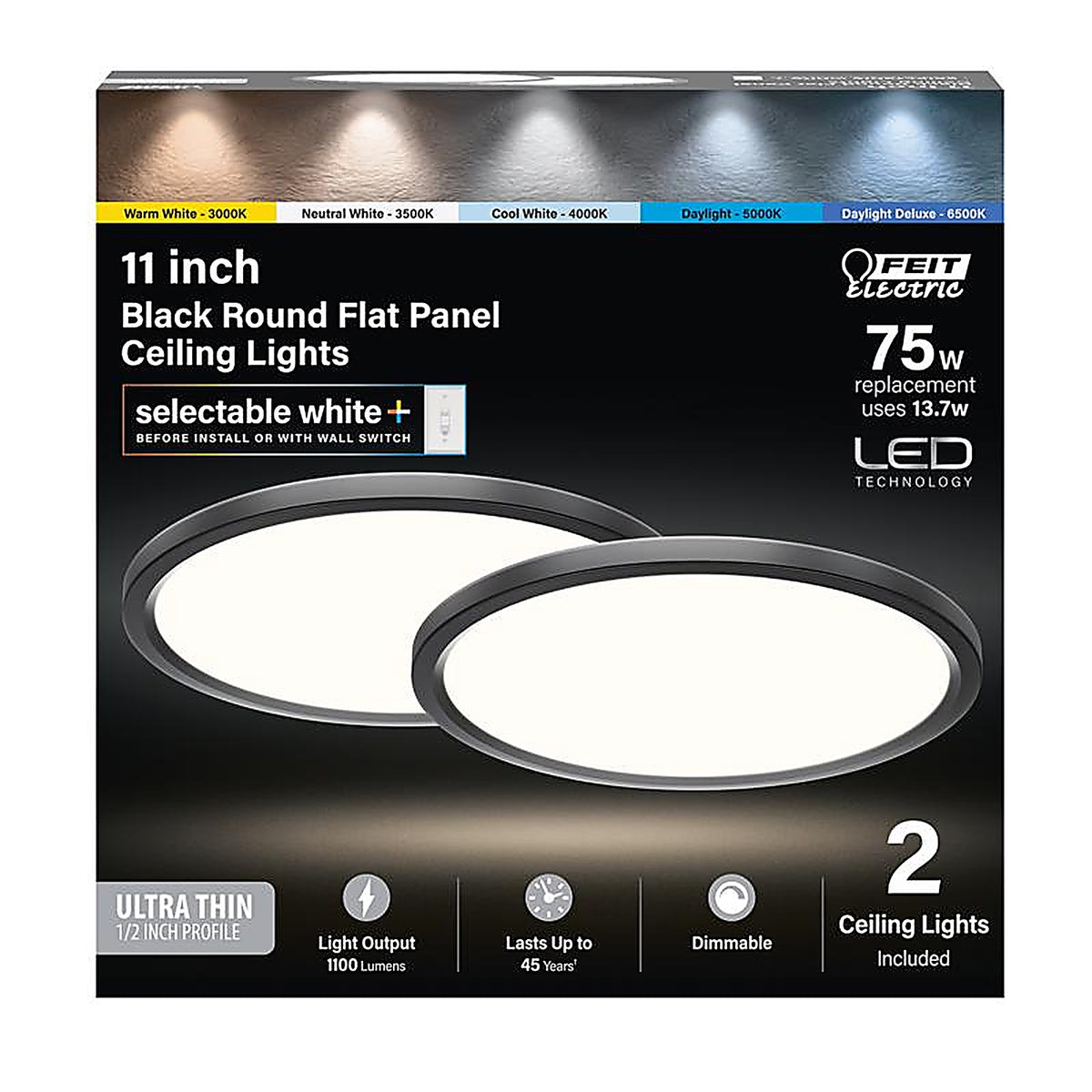 Feit - FP11EX6WYBK2 - Edgelit 1.4 In. H X 11 In. W X 11 In. L Matte Black Black LED Flat Panel Light Fixture