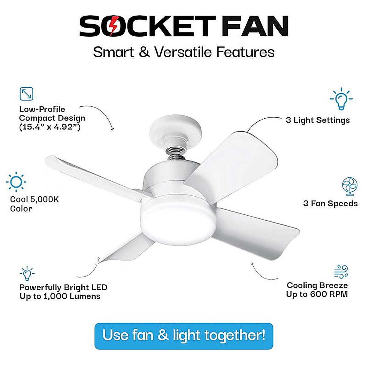 Bell & Howell - 8563 - 15 In. Matte White LED Indoor Socket Fanlight