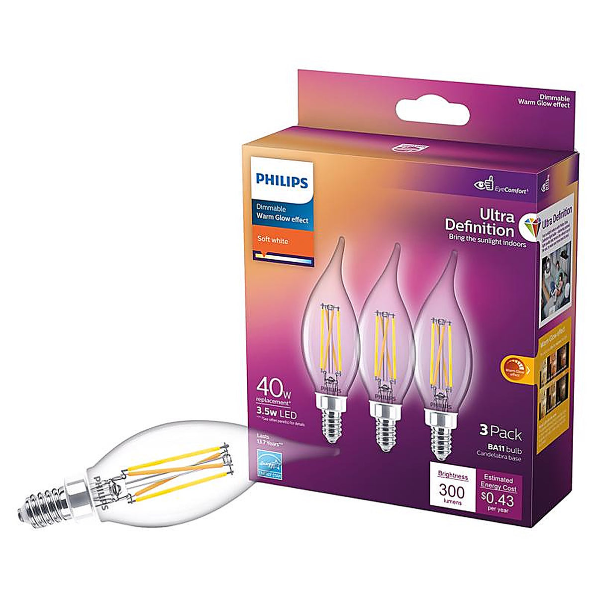 Philips - 566661 - Ultra Definition Ba11 E12 (Candelabra) LED Bulb Soft White 40 Watt Equivalence 3 Pack
