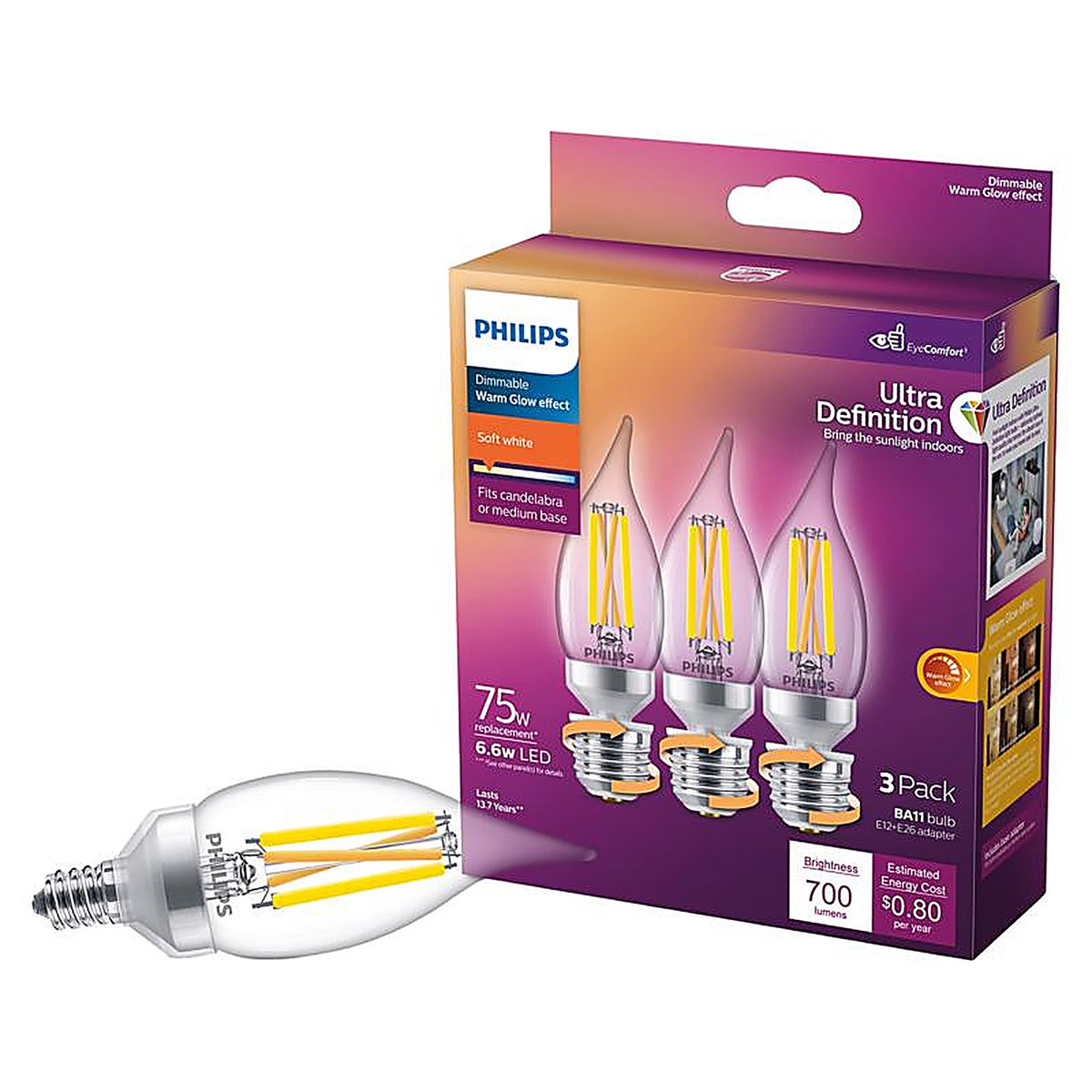 Philips - 564492 - Ba11 E12 (Candelabra) LED Bulb Soft White 75 Watt Equivalence 3 Pack