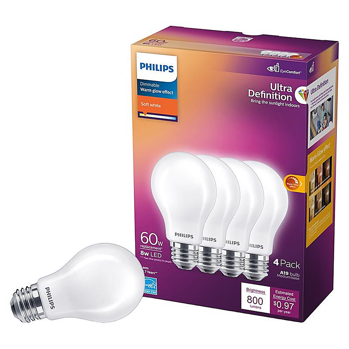 Philips - 576116 - Ultra Definition A19 E26 (Medium) LED Bulb Soft White 60 Watt Equivalence 4 Pack
