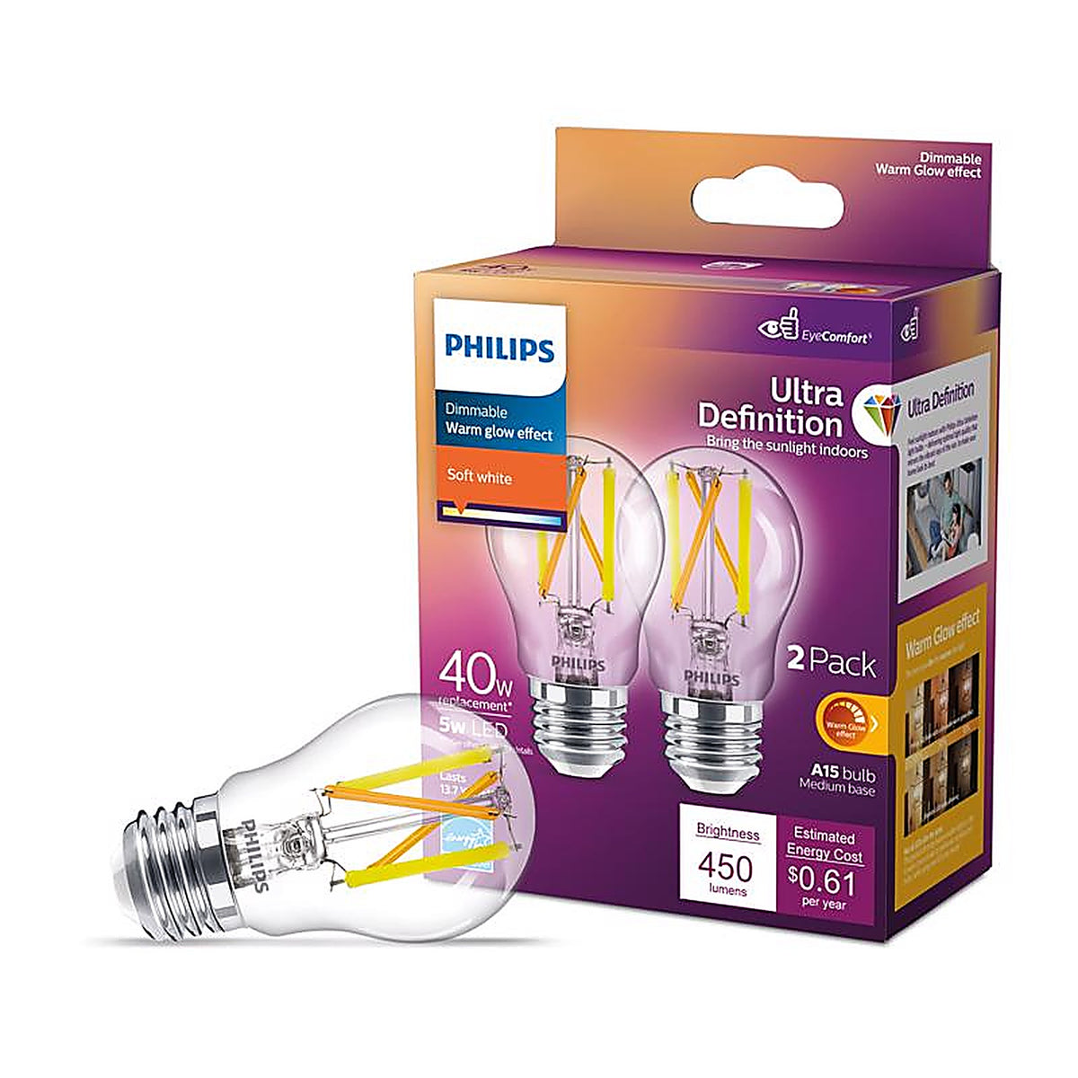 Philips - 564385 - A15 E26 (Medium) LED Bulb Soft White 40 Watt Equivalence 2 Pack