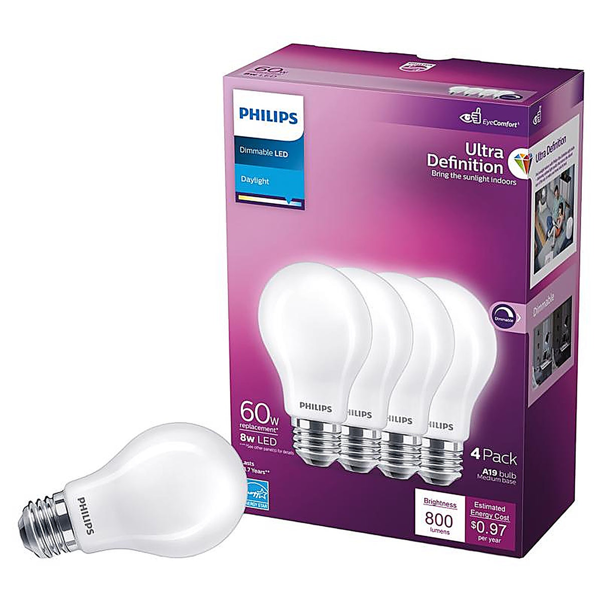 Philips - 576132 - Ultra Definition A19 E26 (Medium) LED Bulb Daylight 60 Watt Equivalence 4 Pack
