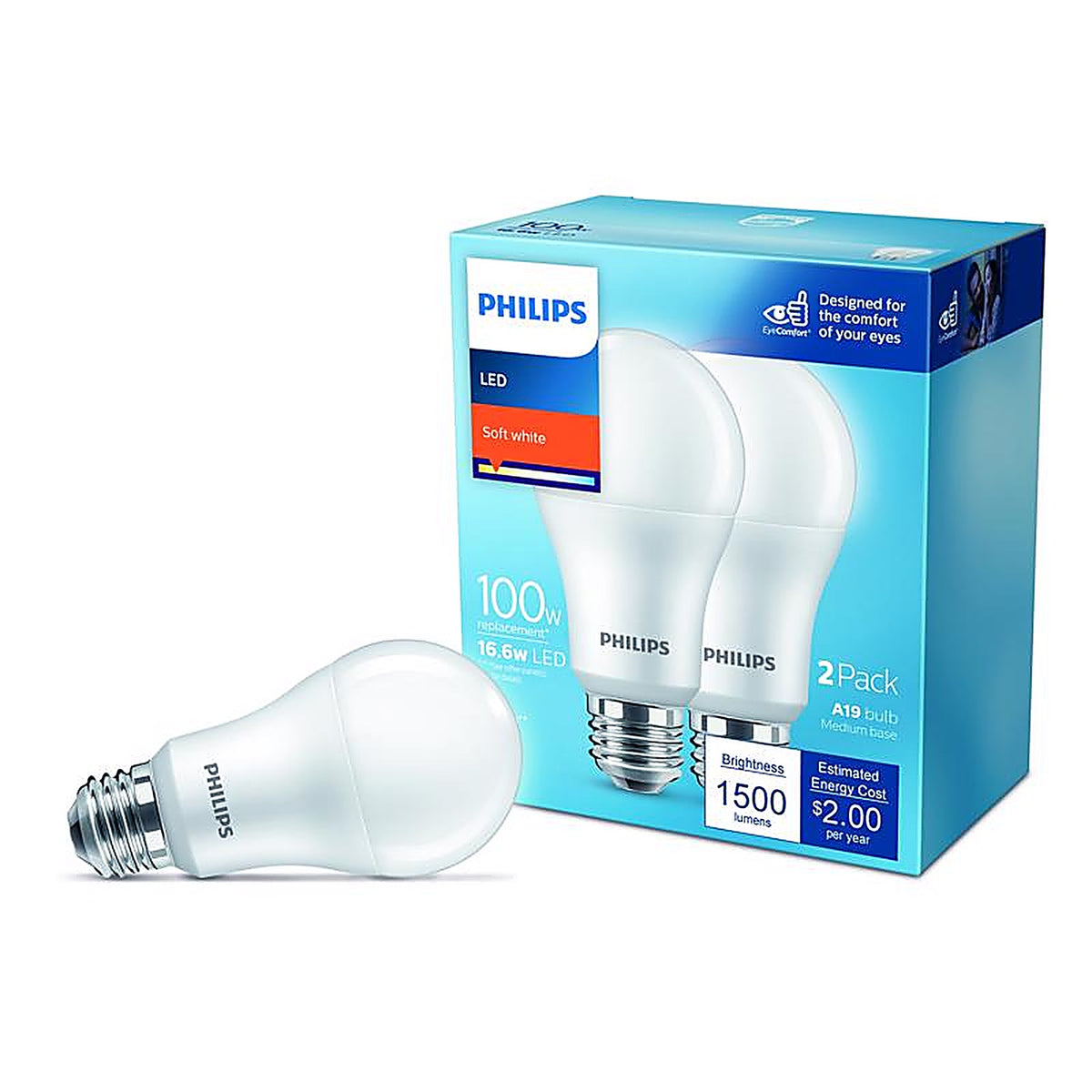 Philips - 575886 - A19 E26 (Medium) LED Bulb Soft White 100 Watt Equivalence 2 Pack