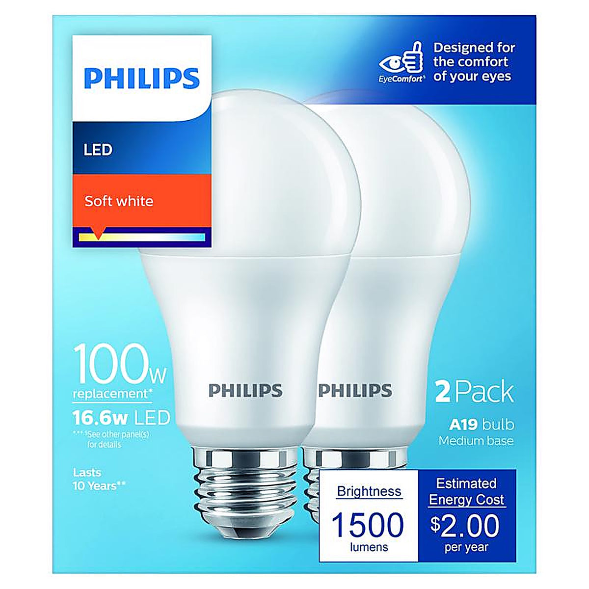 Philips - 575886 - A19 E26 (Medium) LED Bulb Soft White 100 Watt Equivalence 2 Pack